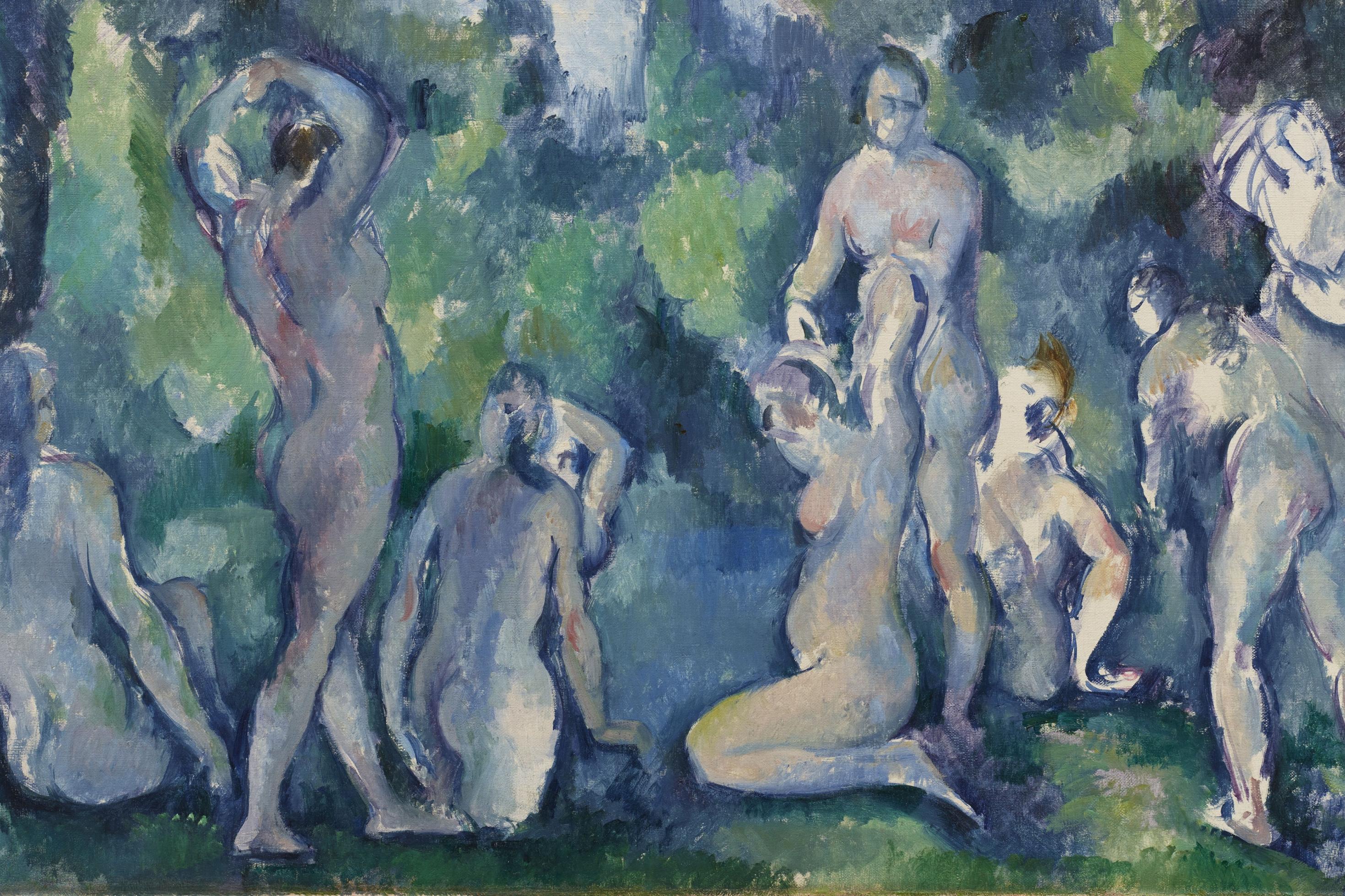 Gemälde, das in Blau- und Grüntönen unbekleidete Frauen in der Natur zeigt.