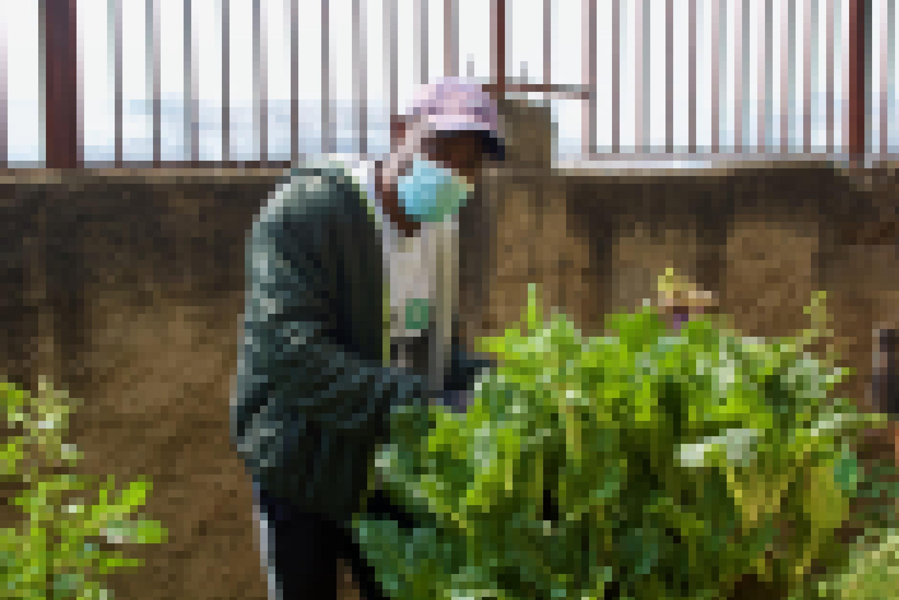 Ein junger Mann mit medizinischer Gesichtsmaske, leicht über einen Sack mit Gemüsepflanzen gebeugt. Er trägt eine Kapuzenjacke und eine Trainingshose. Im Hintergrund ist der Qualm zu sehen, der über der benachbarten Müllhalde aufsteigt.