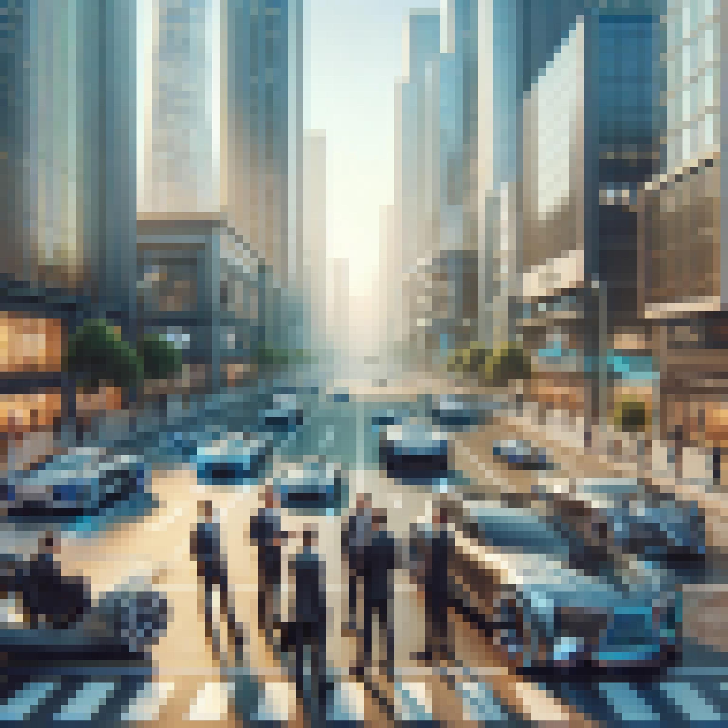 Man sieht eine Gruppe von Männern in Anzügen auf einer Straße stehen und diskutieren. Im Hintergrund sind moderne Hochhäuser zu sehen, einige Bäume am Straßenrand und futuristische Autos auf der Straße.