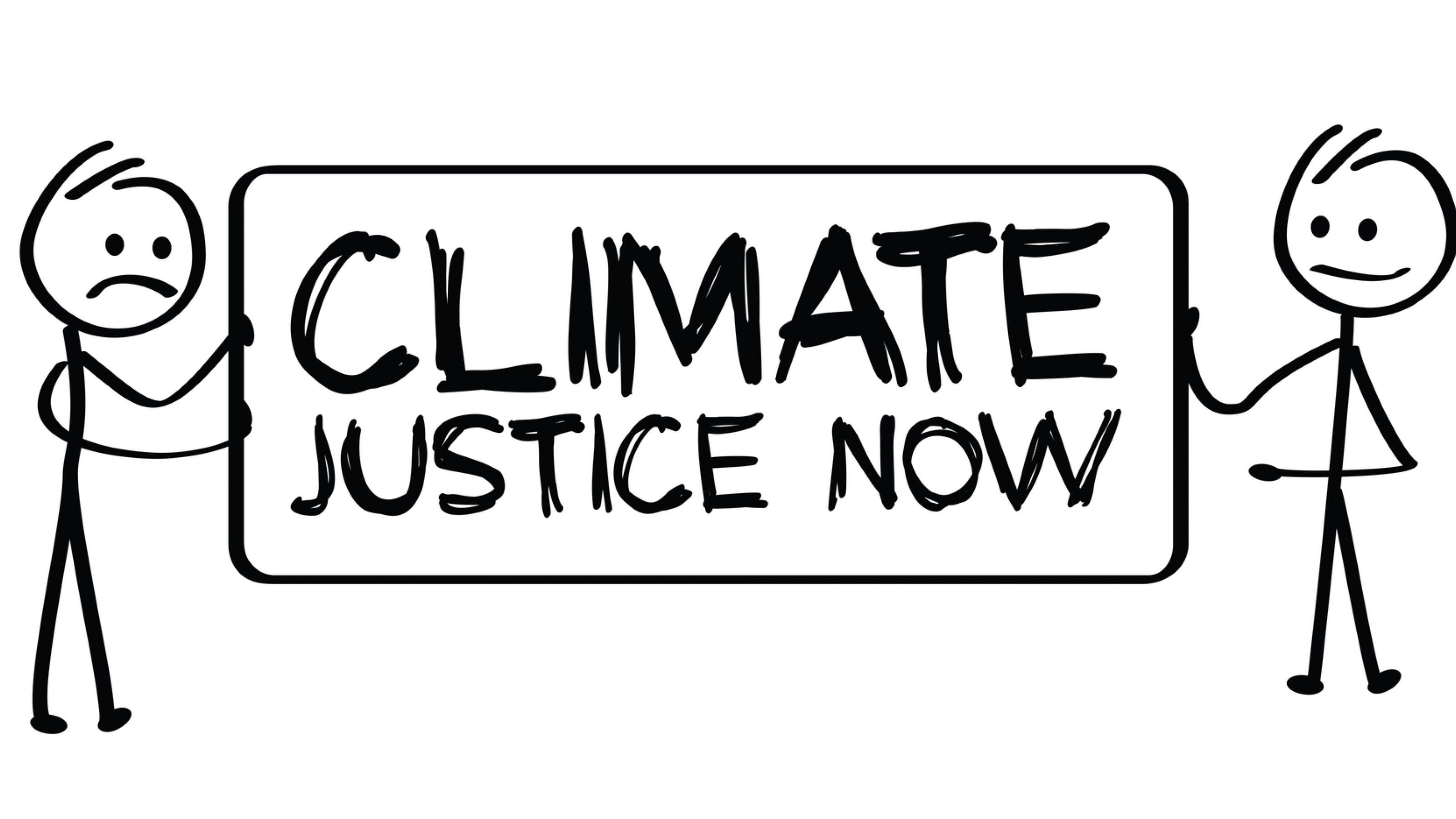 Strichmännchen halten ein Banner mit der Aufschrift „Climate Justice Now“