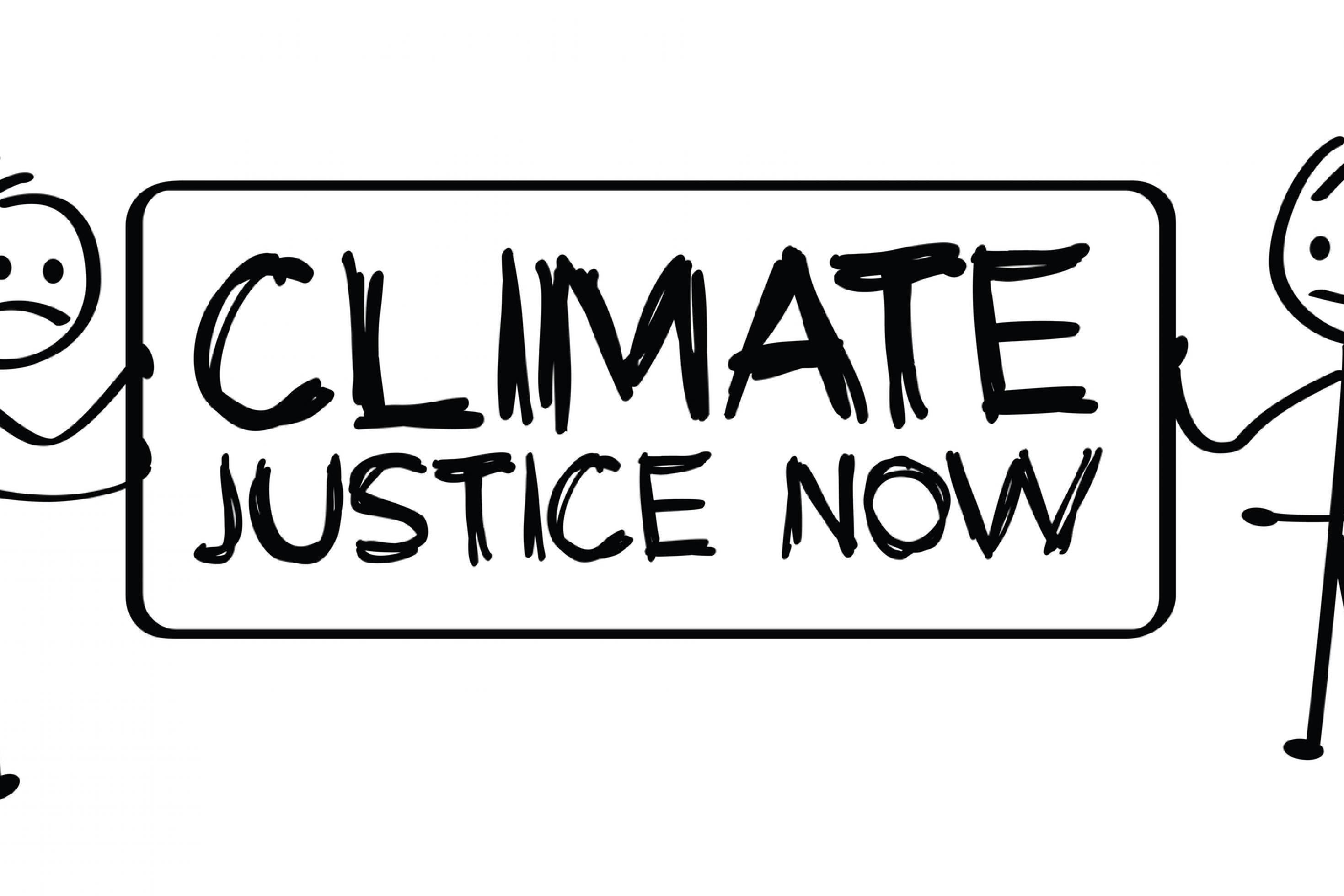 Strichmännchen halten ein Banner mit der Aufschrift „Climate Justice Now“