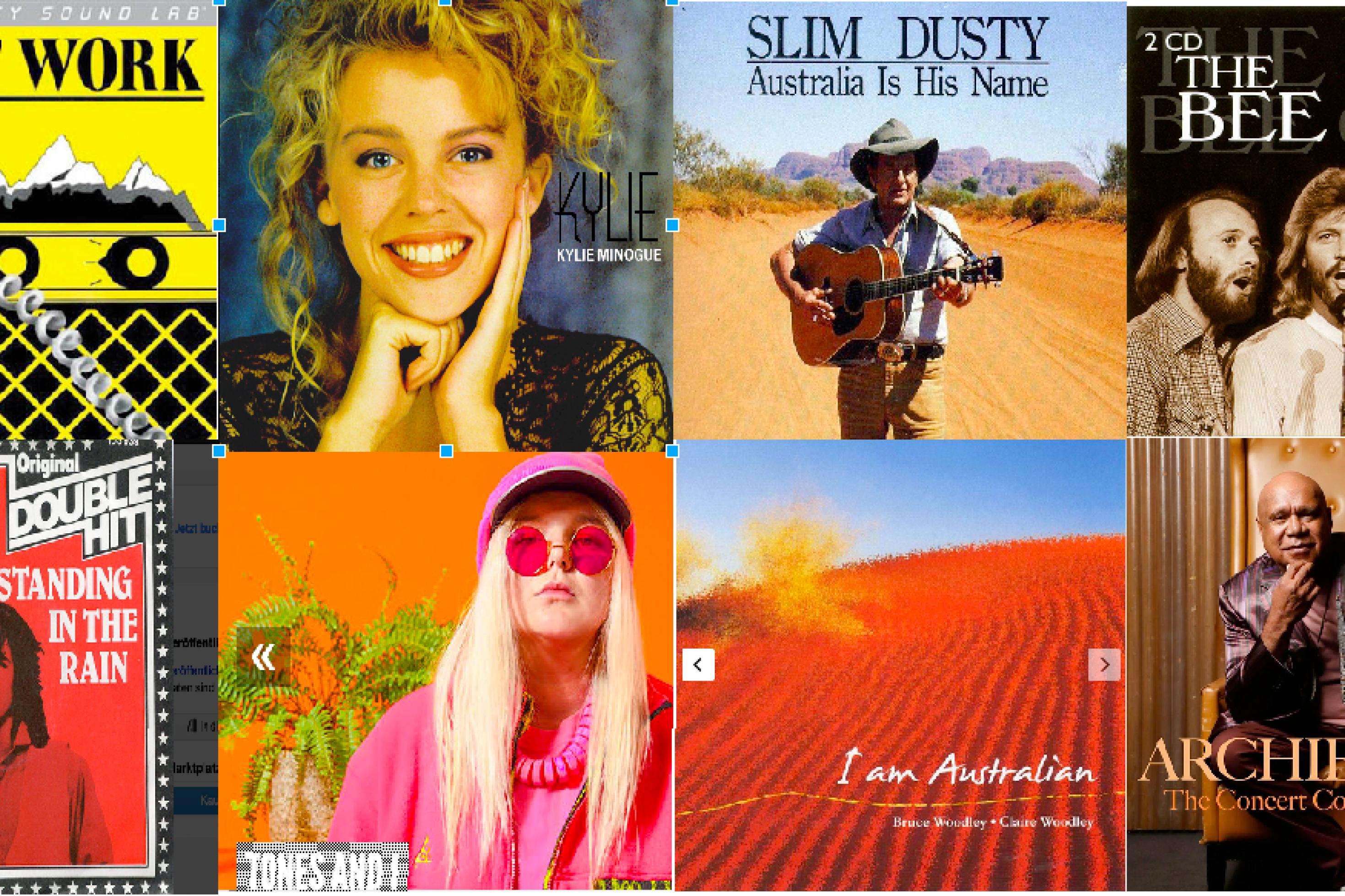 Das Bild ist eine Collage von Plattencovern australischer Musiker von m Dusty über Kylie Minogue bis Tones & I