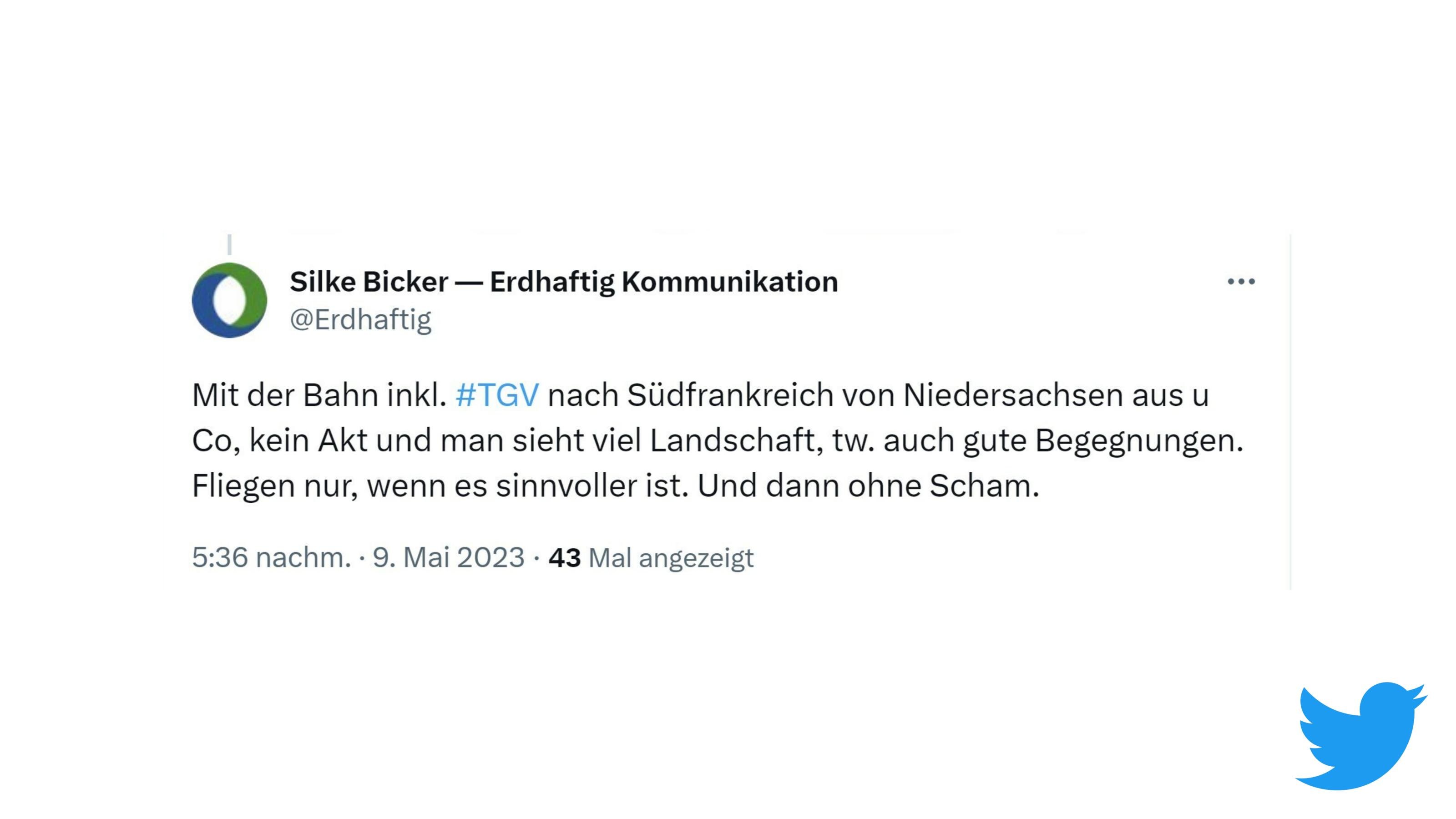 Tweet mit Tipps zum nachhaltigen Reisen: Mit dem TGV bis nach Südfrankreich