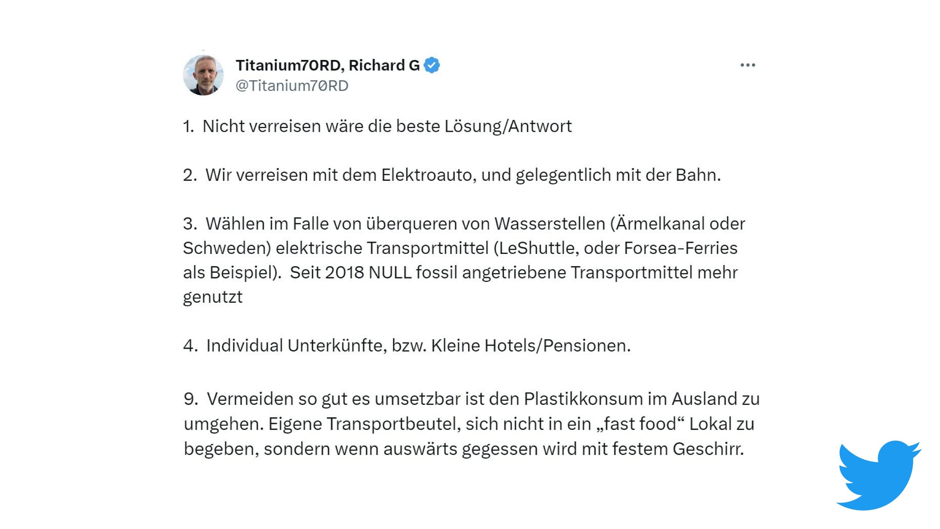 Tweet mit vielen Tipps zum nachhaltigen Reisen: Plastikkonsum vermeiden, Elektrofähren benutzen