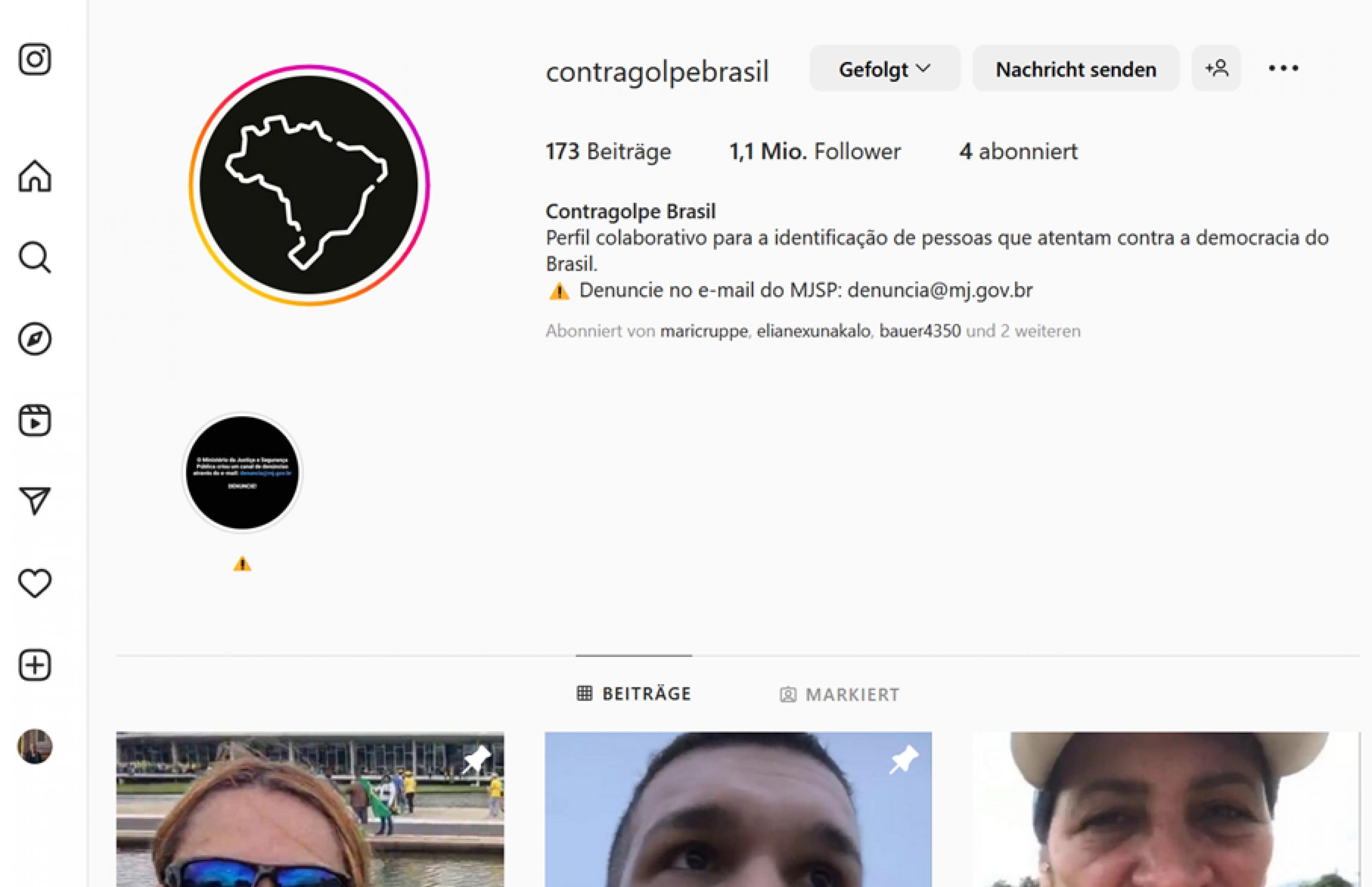 Screenshot einer kollaborativen Instagram-Seite, auf der die E-Mailadresse des Ministeriums für Justiz und Sicherheit zu finden ist