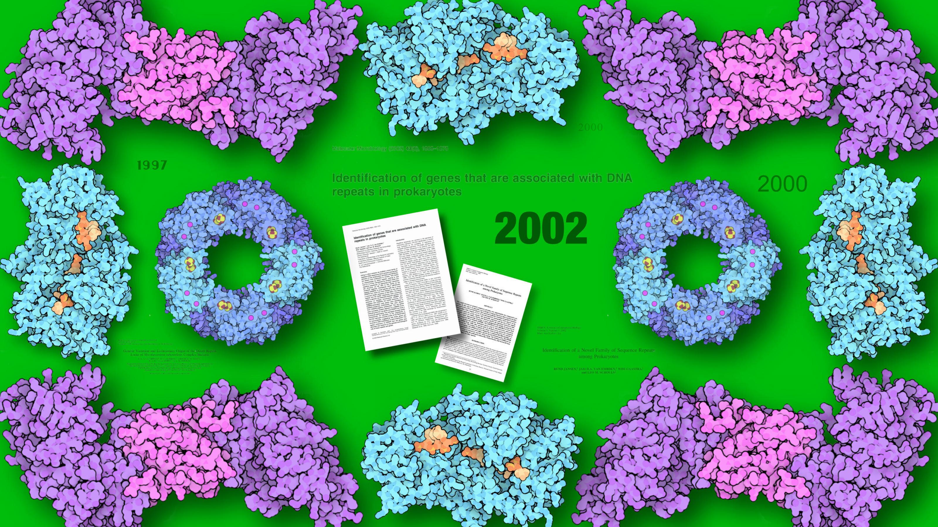 Verschiedene Cas-Proteine Cas1 bis Cas4 ornamental symmetrisch vor grünem Hintergrund platziert und  in der Mitte die Titel und die Titelseiten der beiden Fachartikel, die Ruud Jansen 2002 veröffentlicht hat.