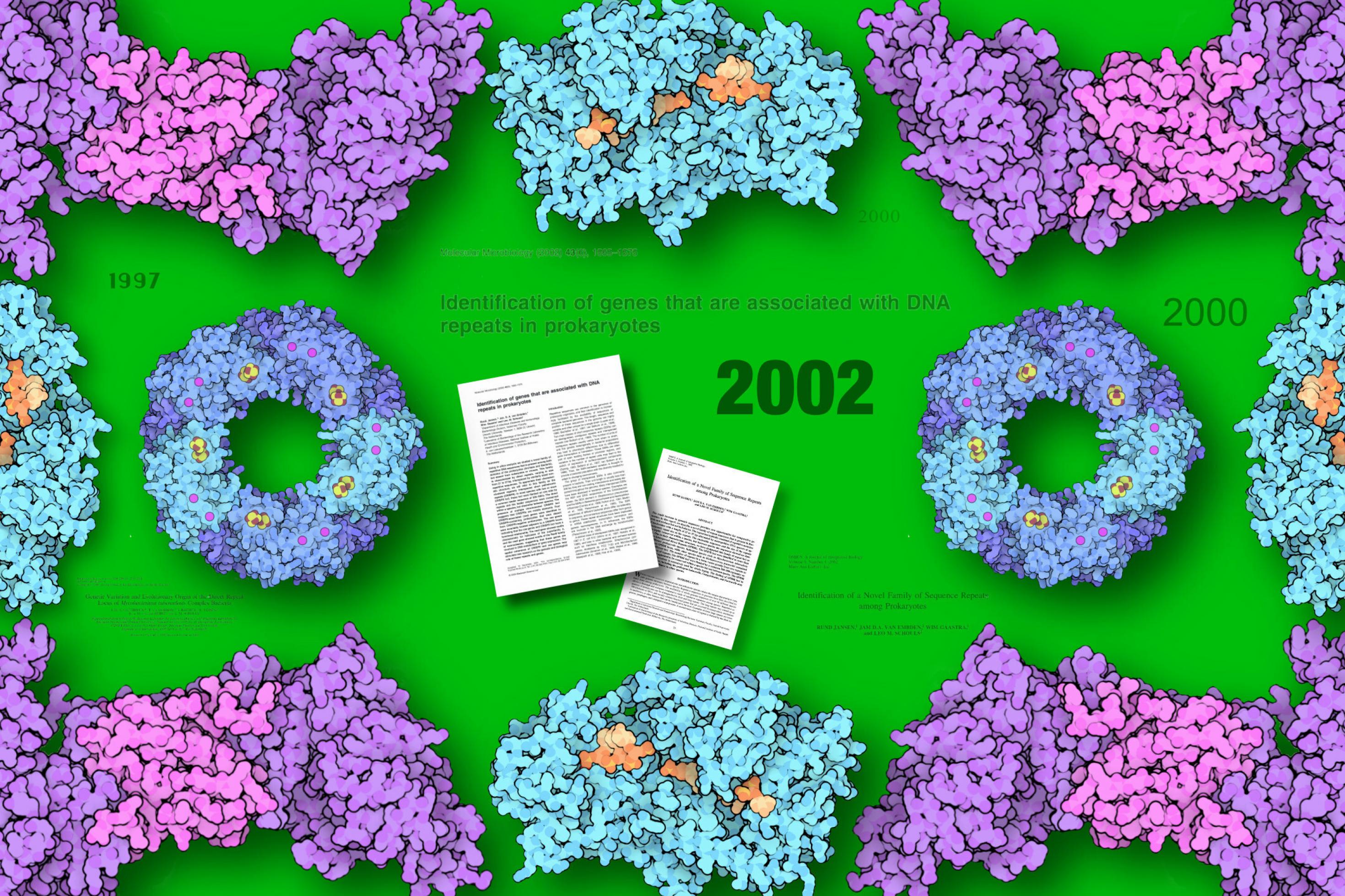 Verschiedene Cas-Proteine Cas1 bis Cas4 ornamental symmetrisch vor grünem Hintergrund platziert und  in der Mitte die Titel und die Titelseiten der beiden Fachartikel, die Ruud Jansen 2002 veröffentlicht hat.