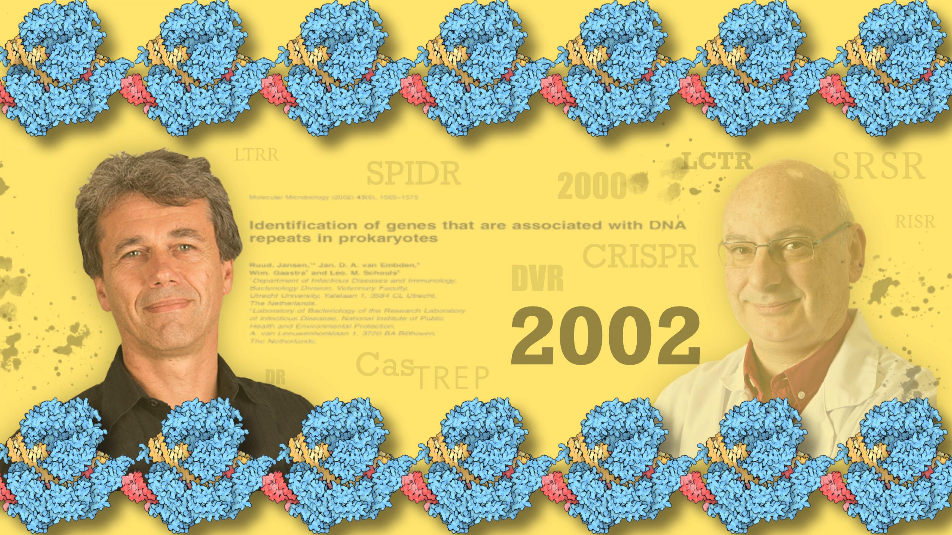 Portraits von Ruud Jansen (links) und Francisco Mojica (rechts) vor dem Titel des Artikels, in dem der Name CRISPR/Cas erstmals benutzt wurde, umgeben von vielen verschiedenen Abkürzungen, die vor CRISPR verwendet wurden, der Zahl 2002,dem Jahr in dem der Artikel erschien, umrandet von Grafiken des Cas9 Moleküls.