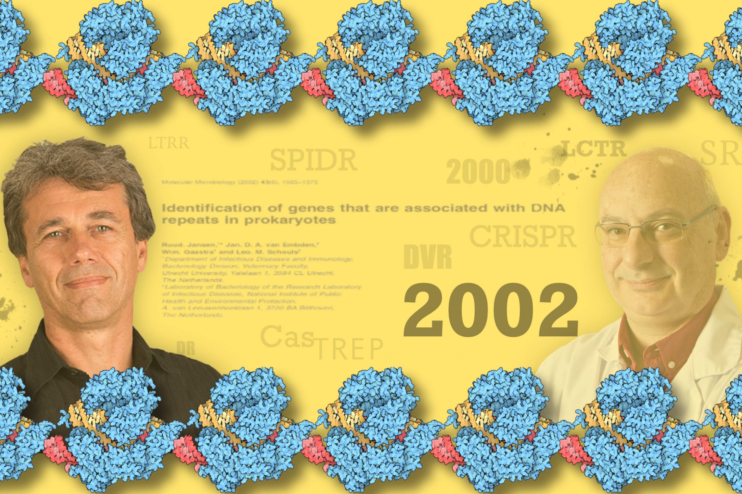 Portraits von Ruud Jansen (links) und Francisco Mojica (rechts) vor dem Titel des Artikels, in dem der Name CRISPR/Cas erstmals benutzt wurde, umgeben von vielen verschiedenen Abkürzungen, die vor CRISPR verwendet wurden, der Zahl 2002,dem Jahr in dem der Artikel erschien, umrandet von Grafiken des Cas9 Moleküls.