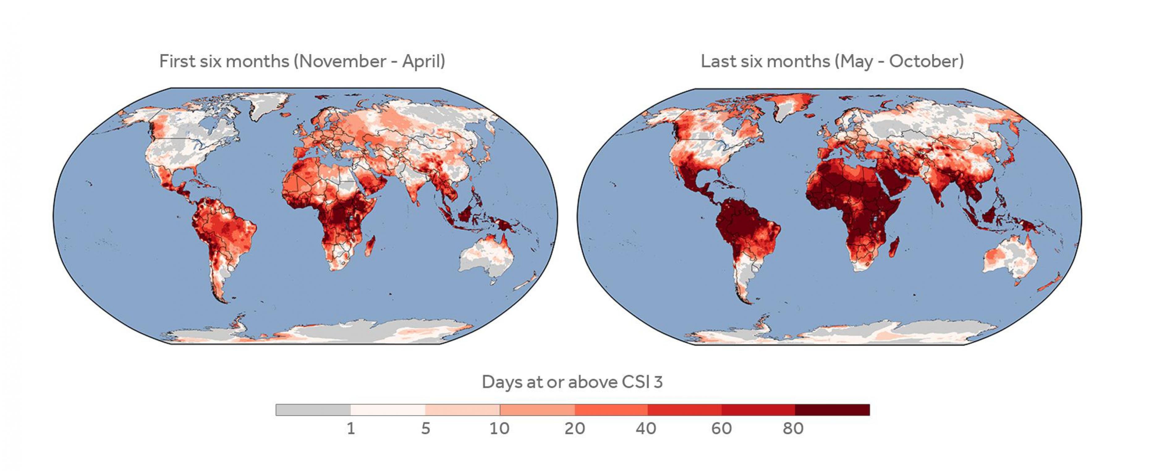Zwei Weltkarten zeigen, dass die zweite Jahreshälfte heißer war als die erste.