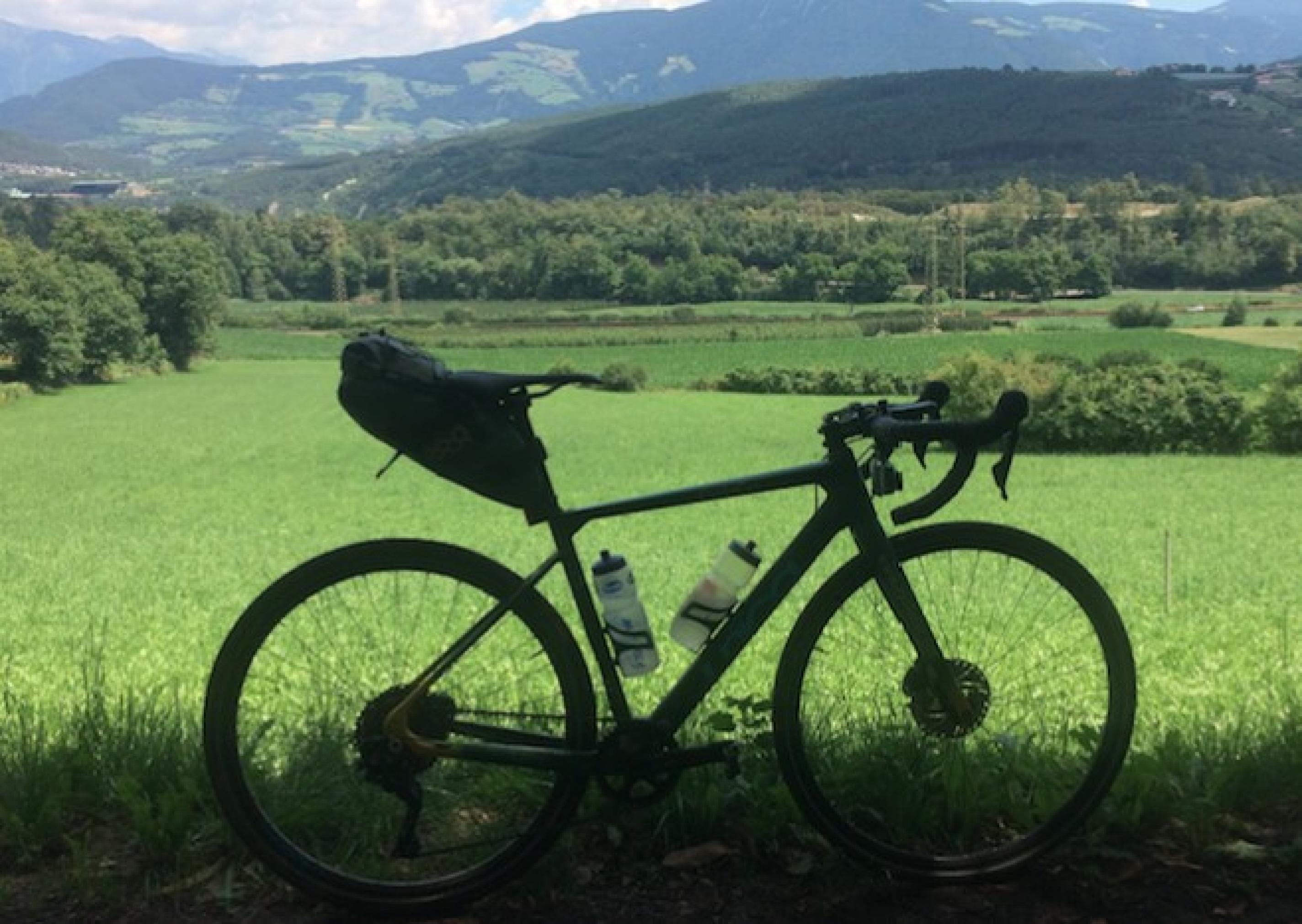 Ein Gravelbike vor bukolischer Alpenlandschaft; das Rad hat als einziges Gepäckstück eine Satteltasche.