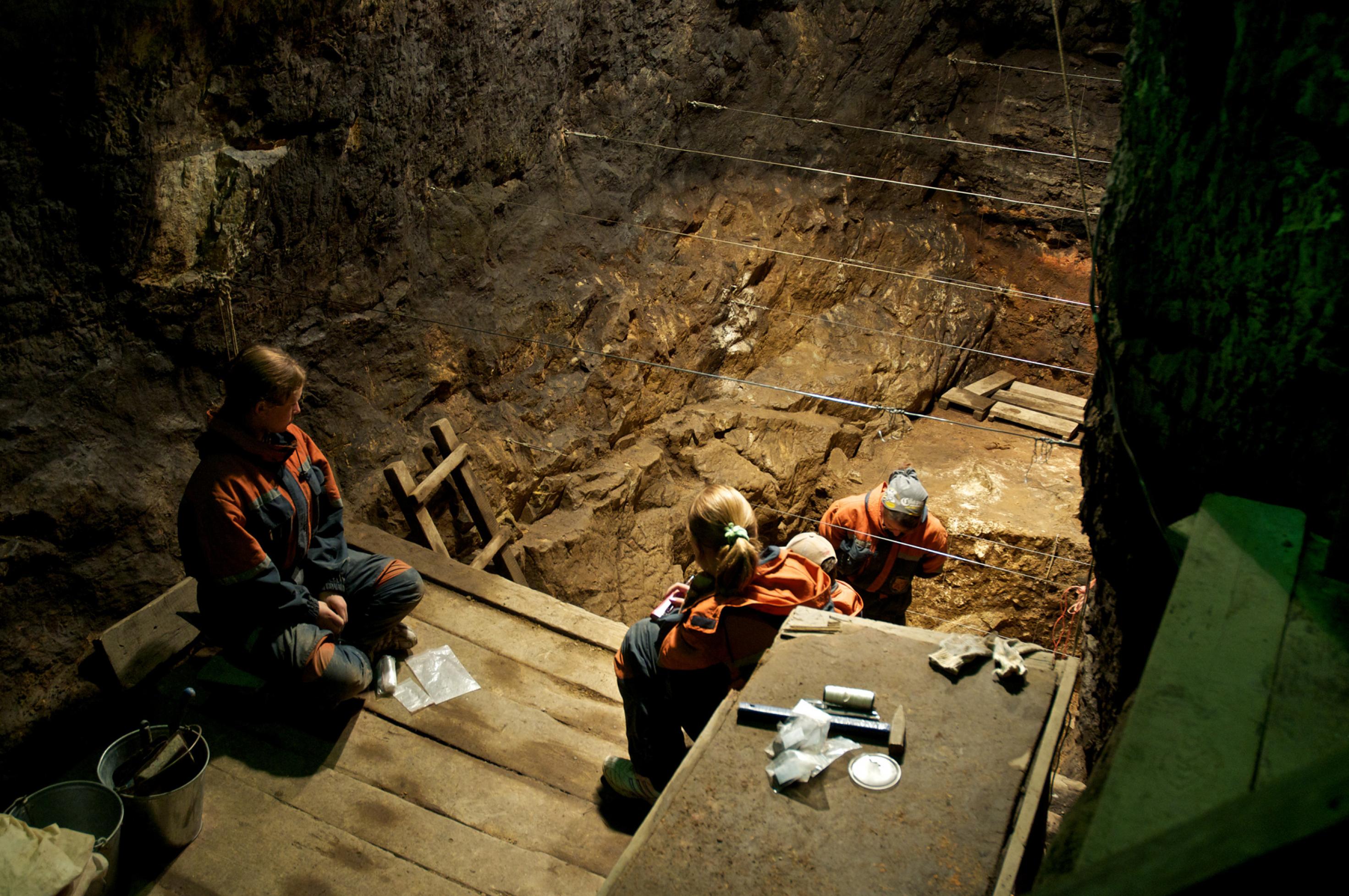 Gezeigt wird ein Blick auf die gelblichen Erdschichten innerhalb der Denisova-Höhle in Sibirien. Dort am Boden sind zu Paläoanthropologen zu sehen, die nach menschlichen Fossilien graben. Im Jahr 2008 finden sie unscheinbare, mindestens 30.000 Jahre alte Knochenreste. Doch die spätere Analyse der Erbsubstanz eines Stücks Fingerknochens ergibt eine Sensation: Die DNA unterscheidet sich so sehr sowohl vom Homo sapiens als auch vom Neandertaler, dass es sich bei dem Fossil um die Relikte einer bislang unbekannten Menschenform handeln muss. Die Forscher haben den Denisova-Menschen entdeckt.