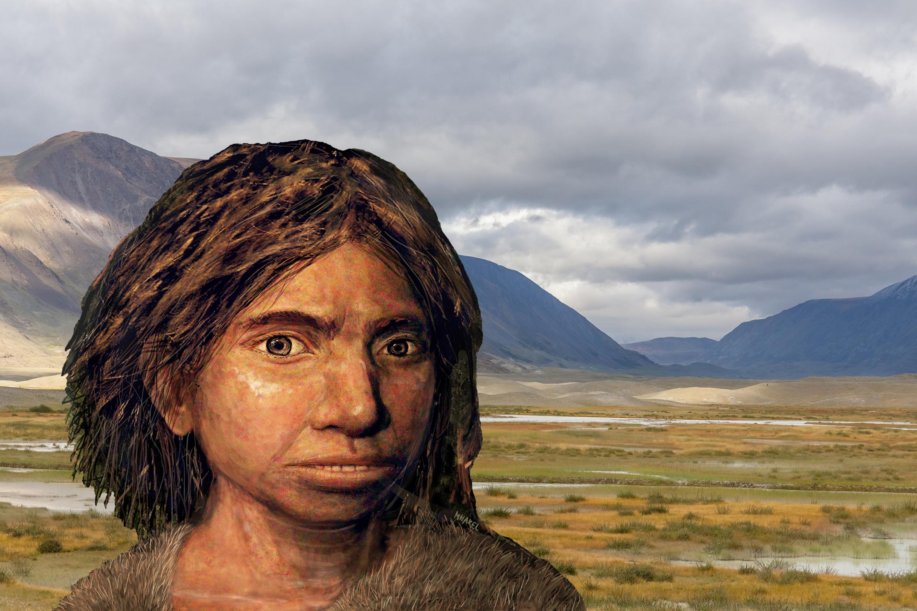 Die Illustration vom Kopf einer jungen, dunkelhaarigen Urmenschen-Frau ist zu sehen, die per Fotomontage in eine weite Graslandschaft eingefügt wurde, in deren Hintergrund sich mächtige Bergketten erheben.