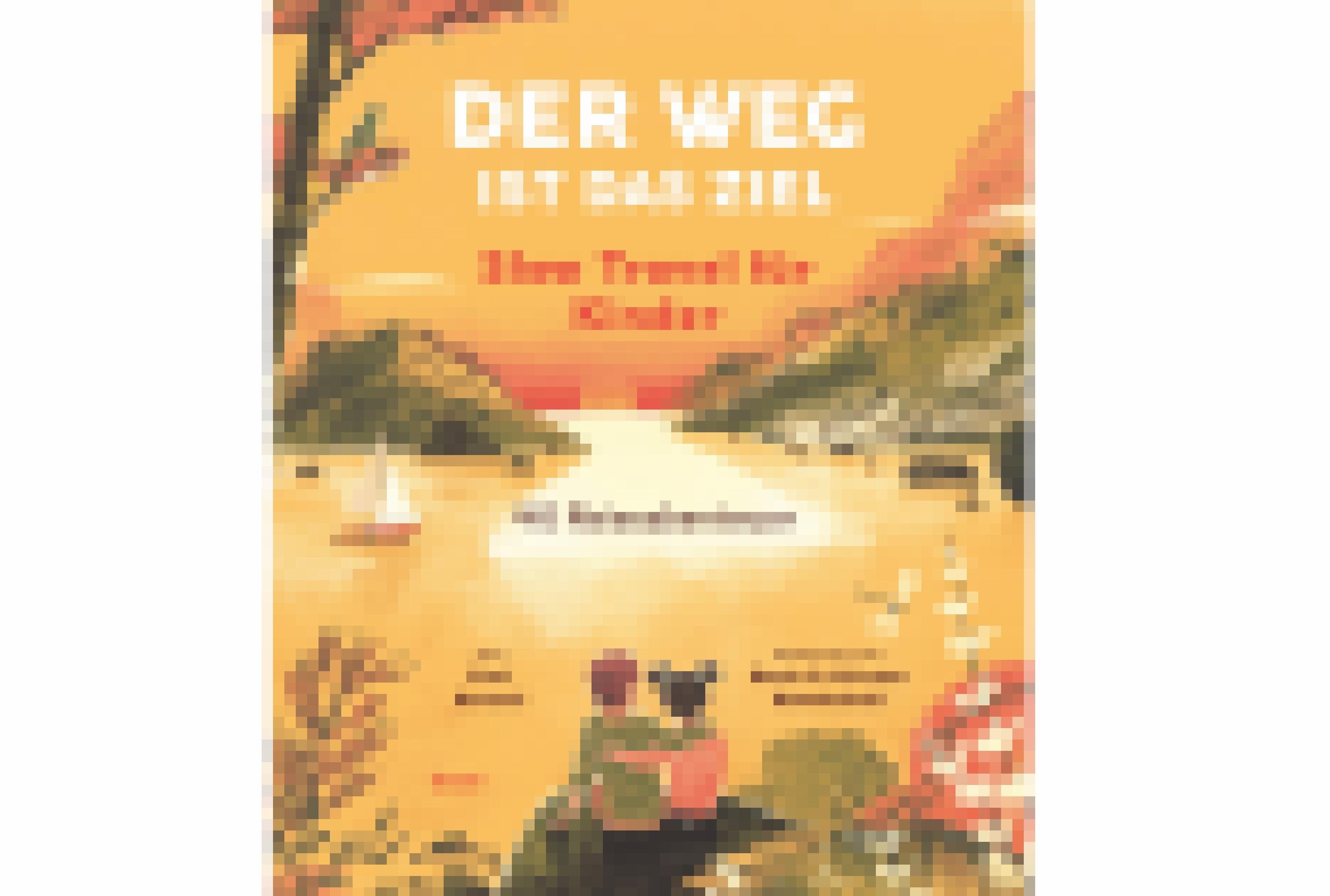 Ein großes orangenes Buch zeigt eine Seelandschaft. Im Vordergrund zwei Kinder, die den See betrachten und sich umarmen.