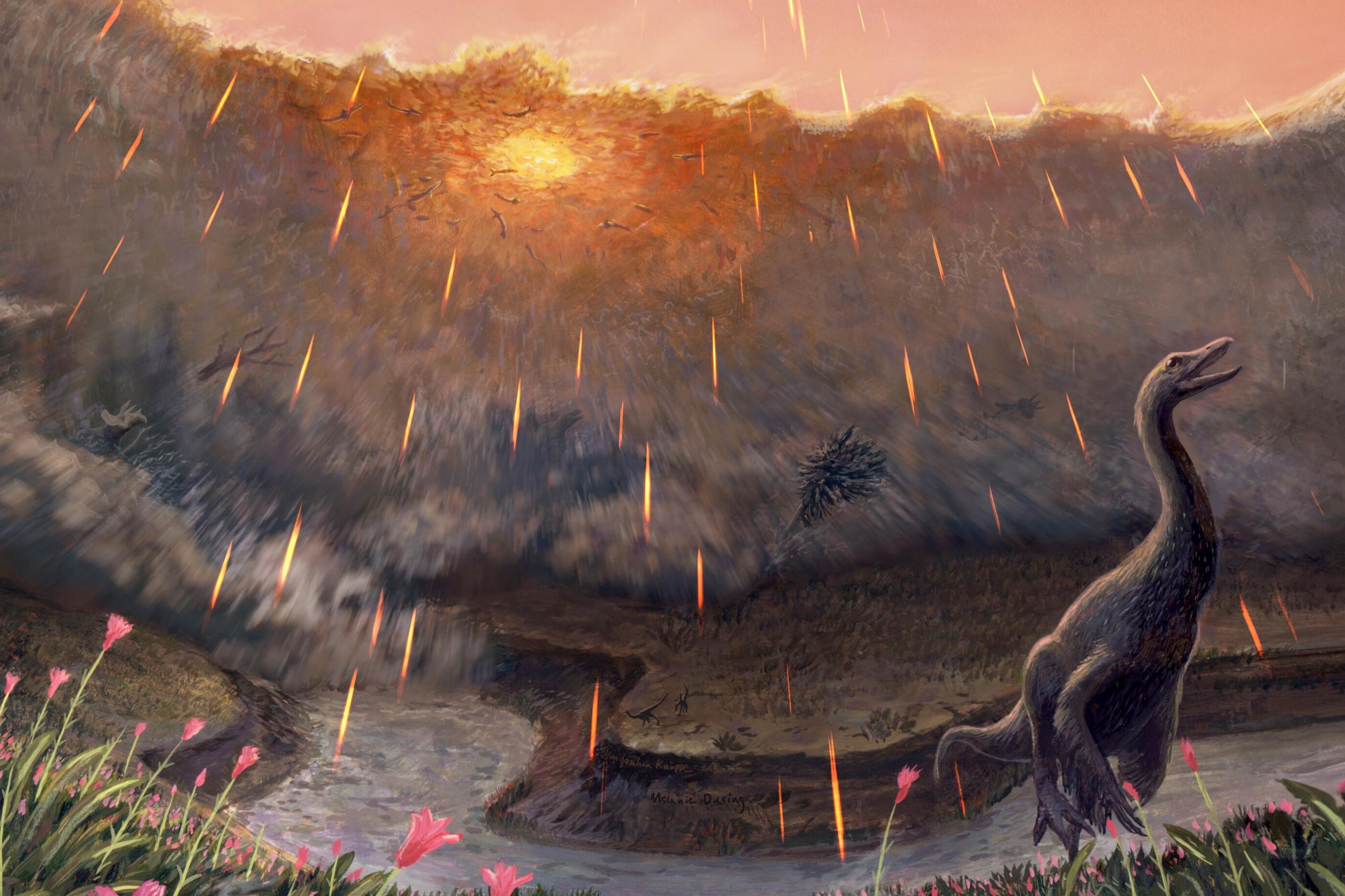 Farbige Zeichnung: Ein gewundener Fluss, mit pinken Blumen, in dem ein vierbeiniger Dinosaurier steht, mit dem Kopf gen Himmel gerichtet. Im Hintergrund erhebt sich eine haushohe Flutwelle. Vom unnatürlich violetten Himmel fallen glühende Geschosse, die man nur als Linien erkennt.