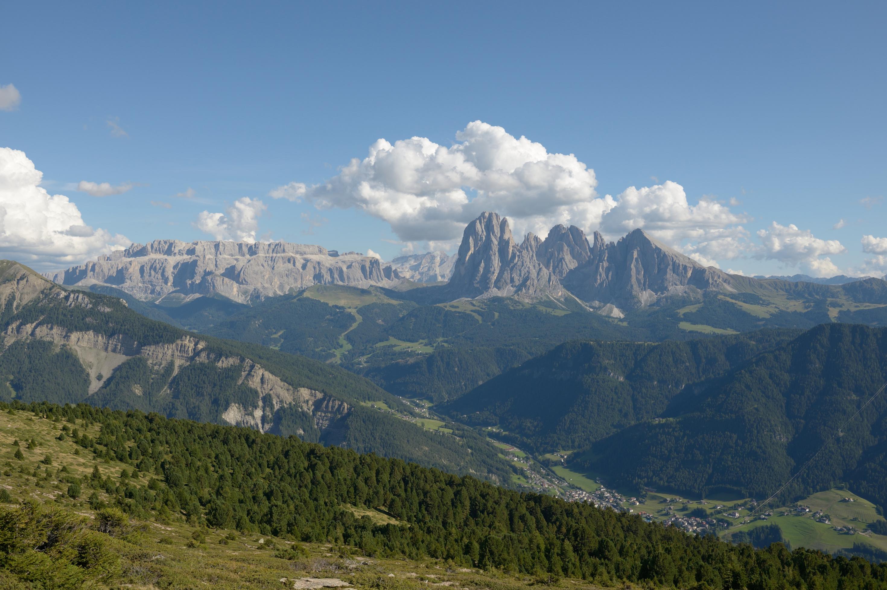 Ein Bergpanorama, in der Ferne schroff aufragende Dolomitenberge unter weißen Wölkchen, im Vordergrund Wälder und Wiesen