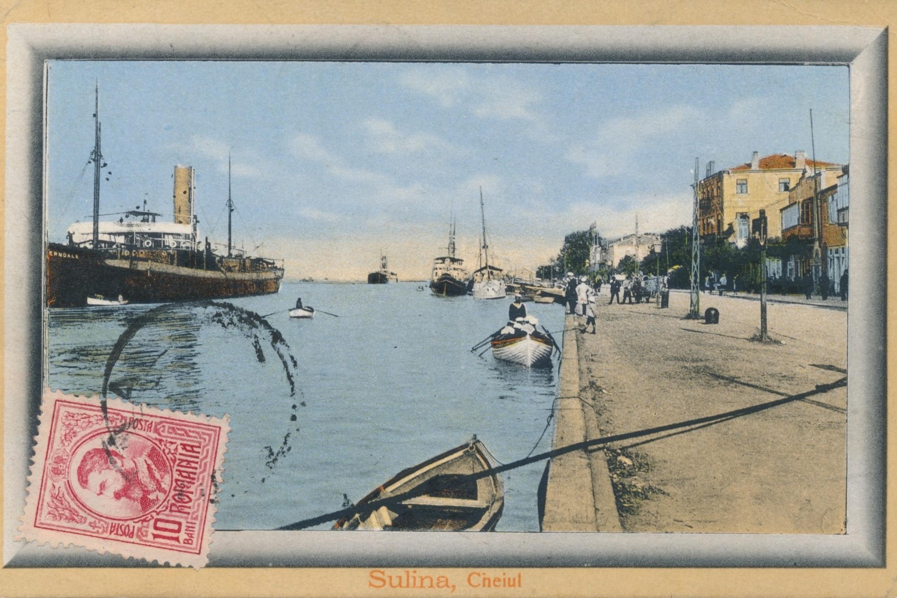 Alte illustrierte Postkarte mit Briefmarke mit Fluss, Häusern, Schiffen, Menschen