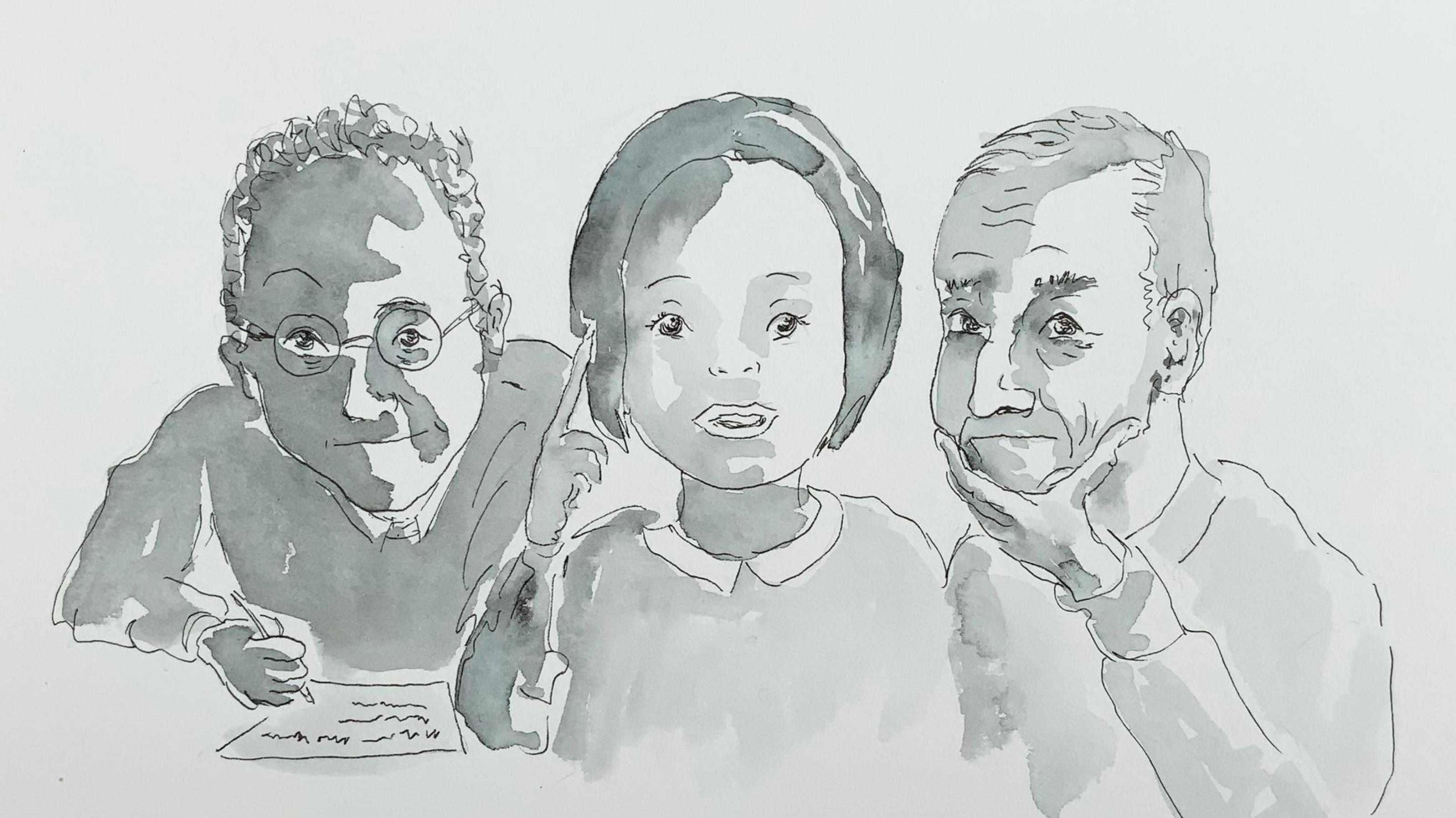 Die Zeichnung zeigt zwei Männer und eine Frau, die über eine Thema nachdenken. Die ZukunftsReporter liefern regelmäßig Informationen zu aktuellen Fragen – hier zur Zukunft der Geburtshilfe
