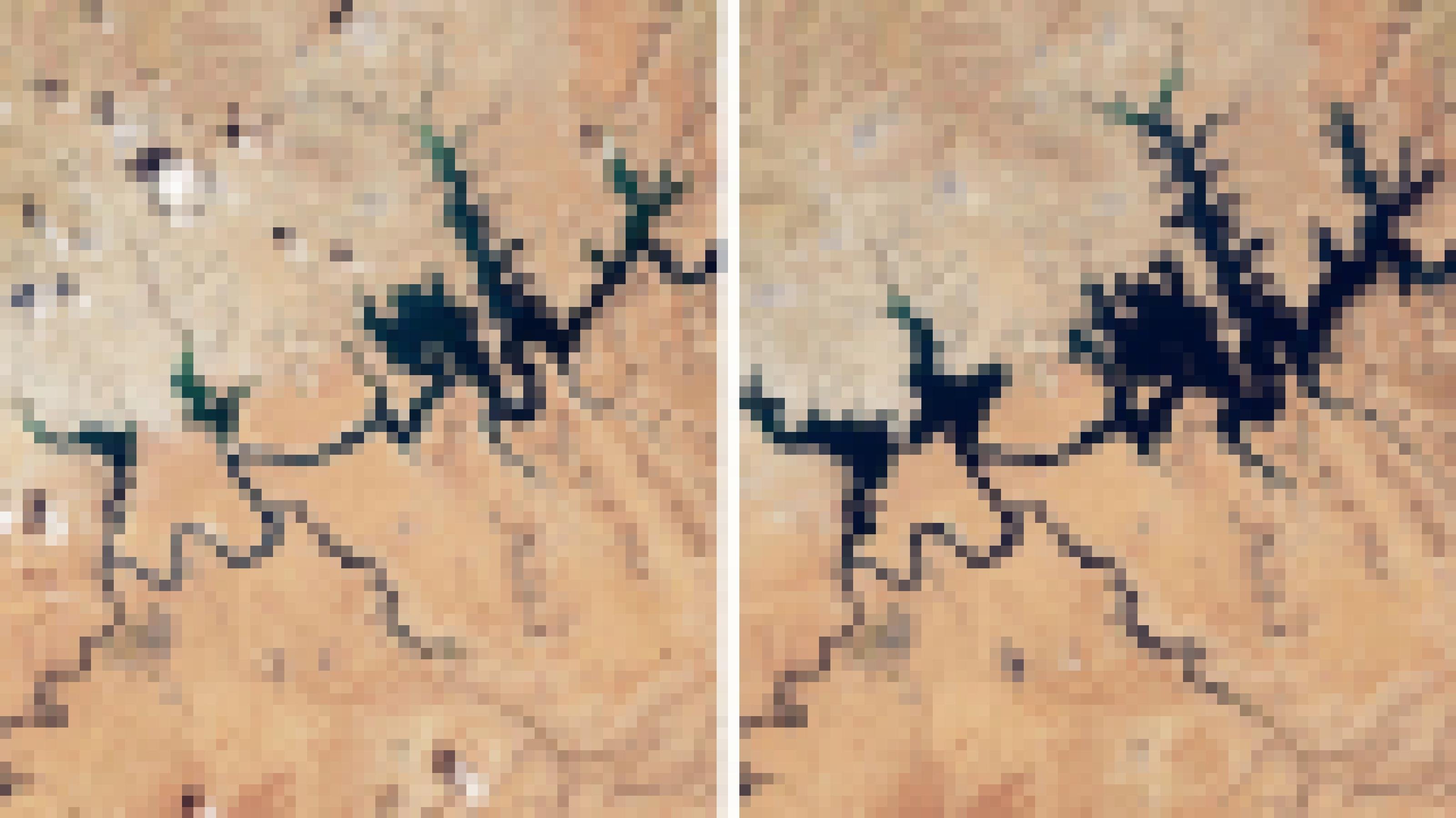 Satellitenaufnahmen des Lake Powell und Colorado Rivers vom August 2022 (links) und August 2017