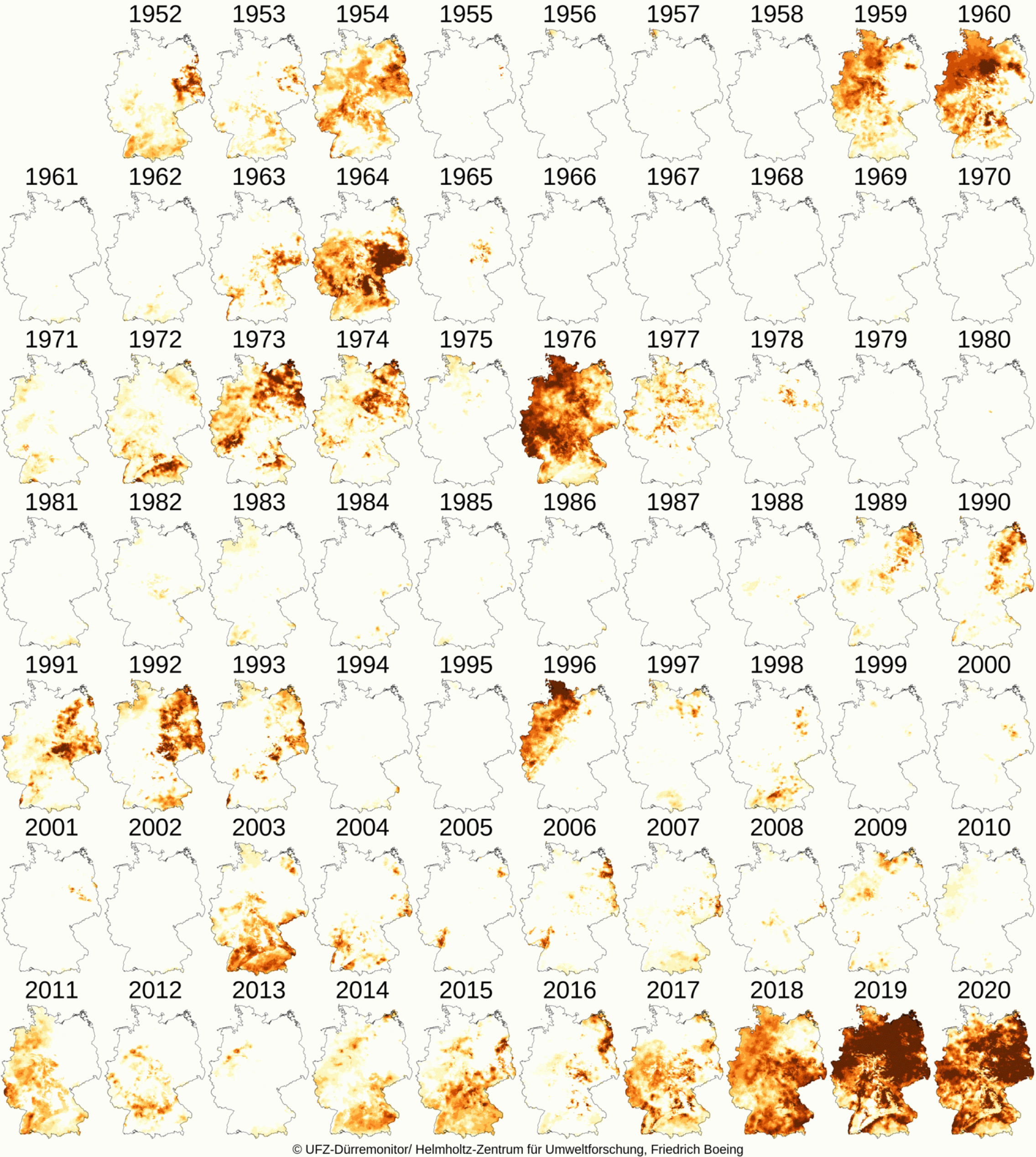 Deutschland-Karten für jedes Jahr von 1952 bis 2020, wie trocken es in welchen Regionen es während der Wachstumsperiode der Pflanzen war. Für 2018 bis 2020 zeigt die Farbe braun besonders schwere, großflächige und  und lange Dürreperioden an.