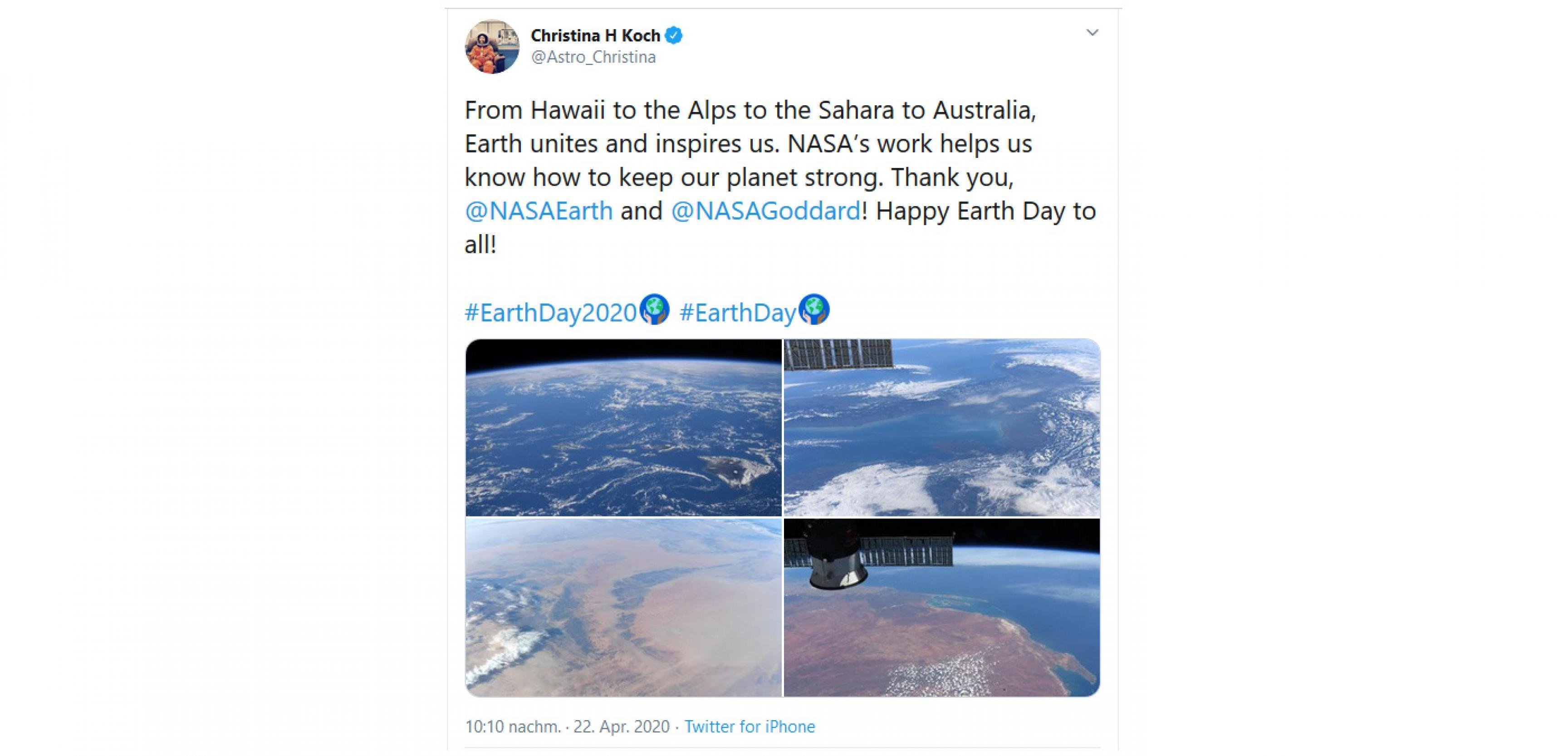 Zum Earth Day 2020 präsentiert die Astronautin Christina H. Koch vier Bilder: Hawaii, Alpen, Sahara, Australien.