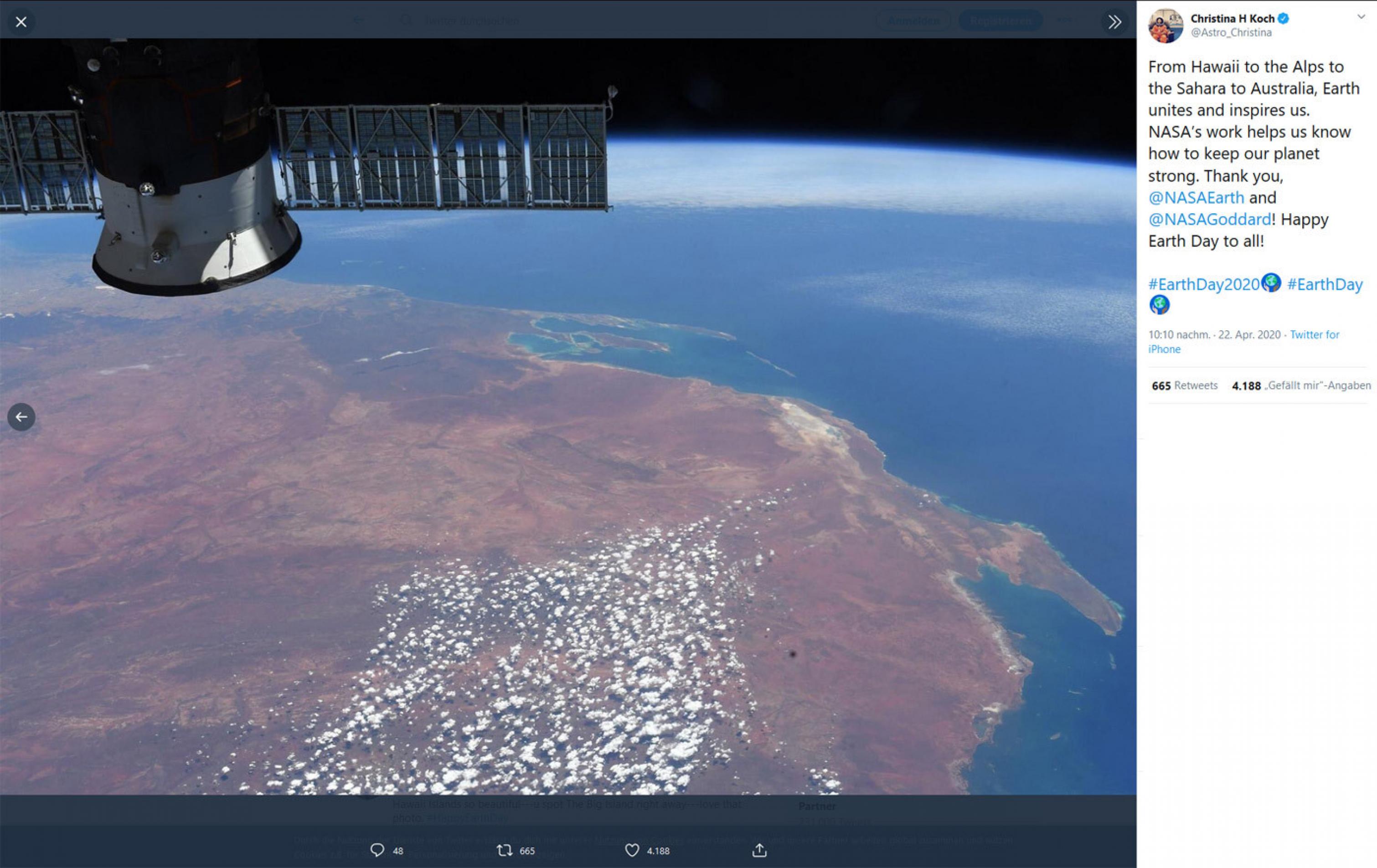Zum Earth Day 2020 präsentiert die Astronautin Christina H. Koch vier Bilder: Hawaii, Alpen, Sahara, Australien.