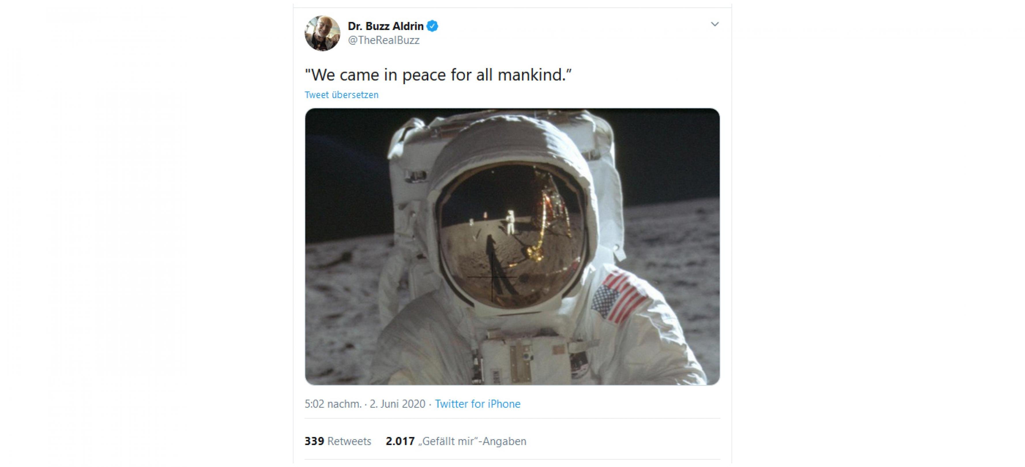 Buzz Aldrin, 1969 fotografiert von Neil Armstrong auf dem Mond. We came in peace for all mankind.