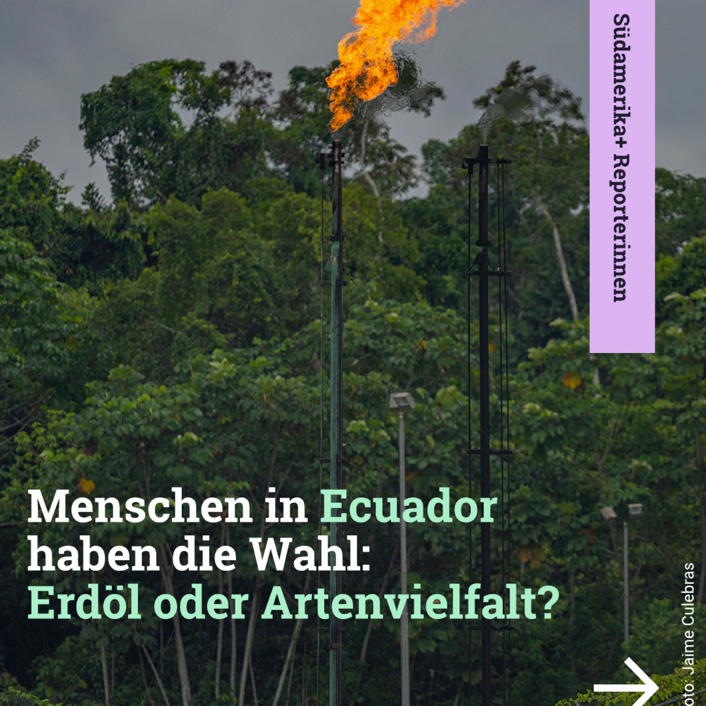 Fleming durch Ölbohrungen im Regenwald im Hintergrund; Text davor: Menschen in Ecuador haben die Wahl: Erdöl oder Artenvielfalt?
