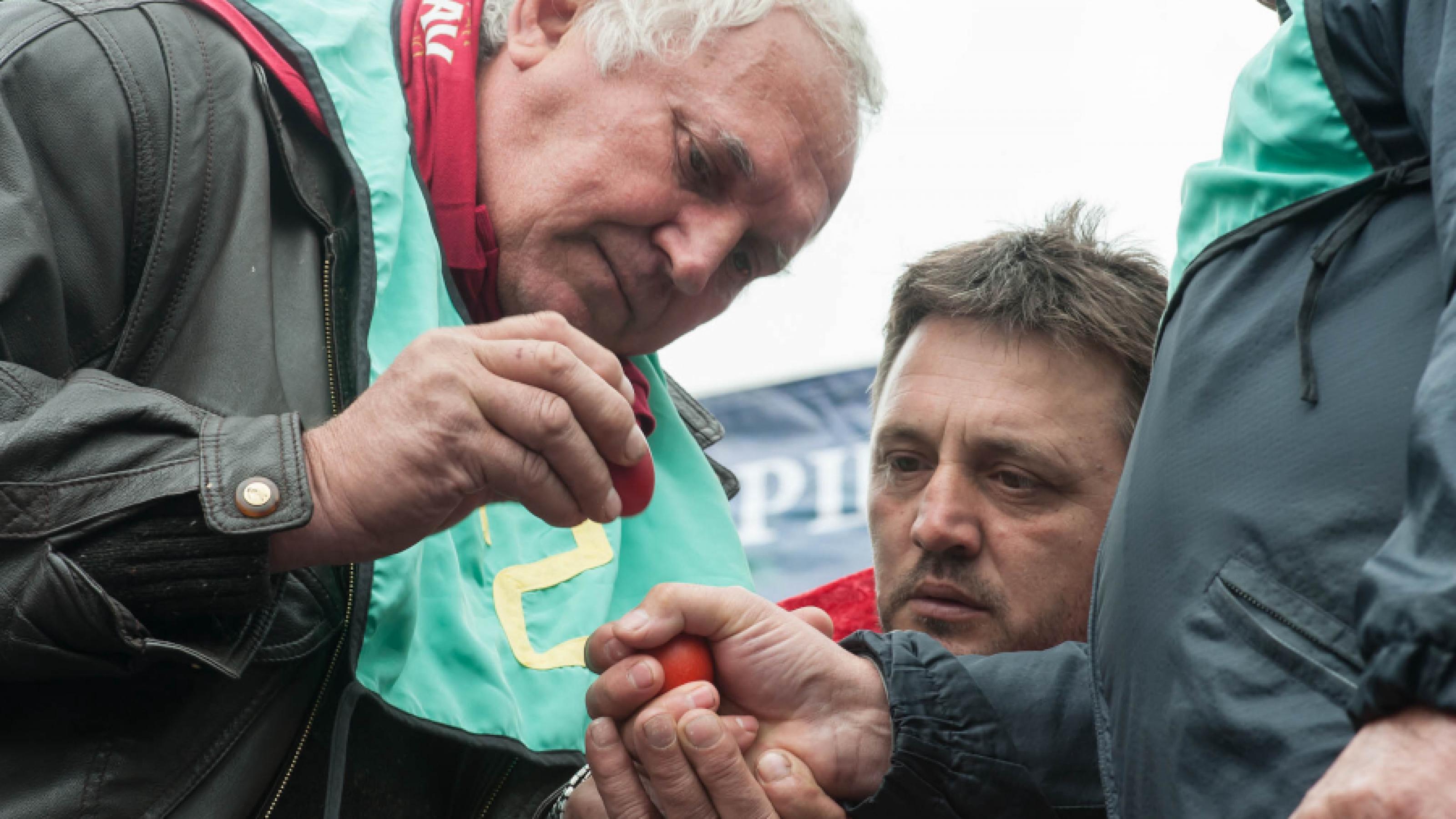 Drei Männer konzentrieren sich auf die Tradition des Eierklopfens. Nach vorne gebeugt halten sie die Eier in ihren Händen und klopfen sie vorsichtig aneinander.