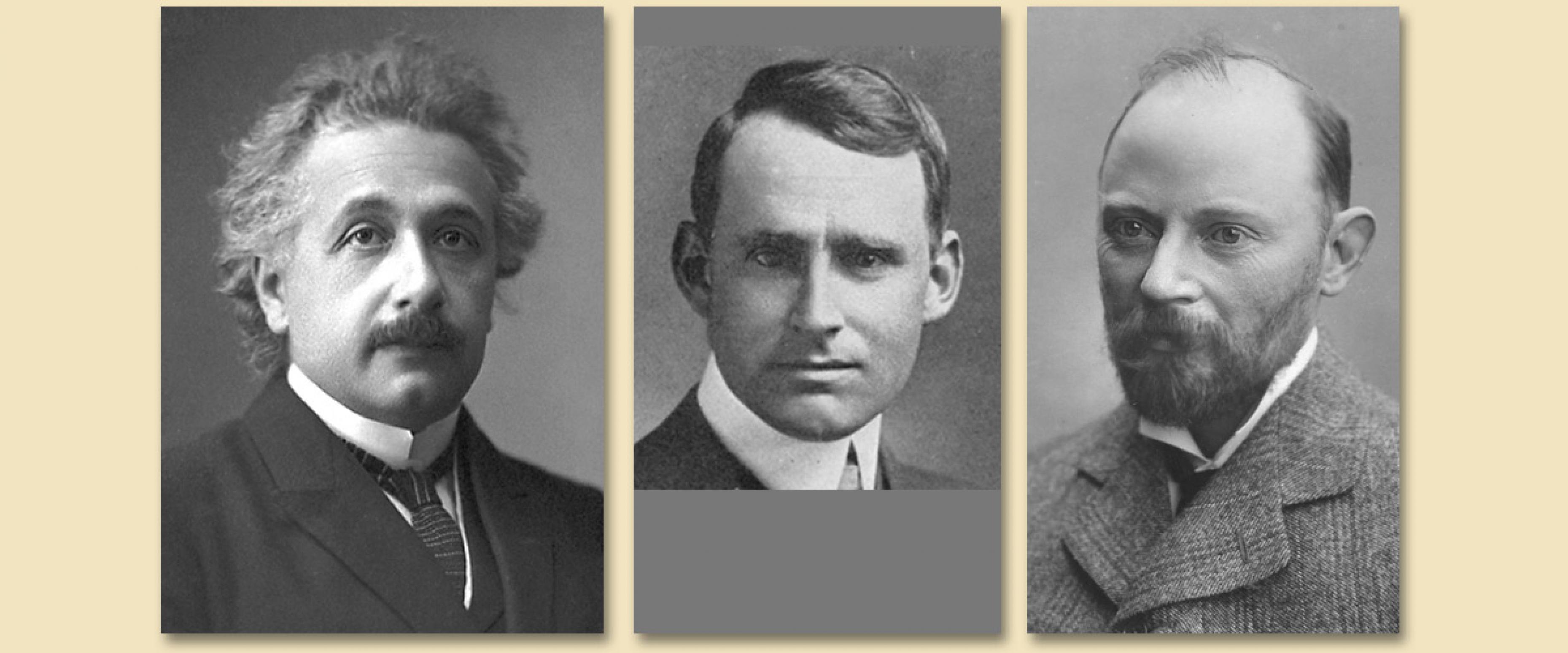 Drei Aufnahmen von Albert Einstein (1921), Arthur Stanley Eddington (1920) und Andrew Crommelin (1915).