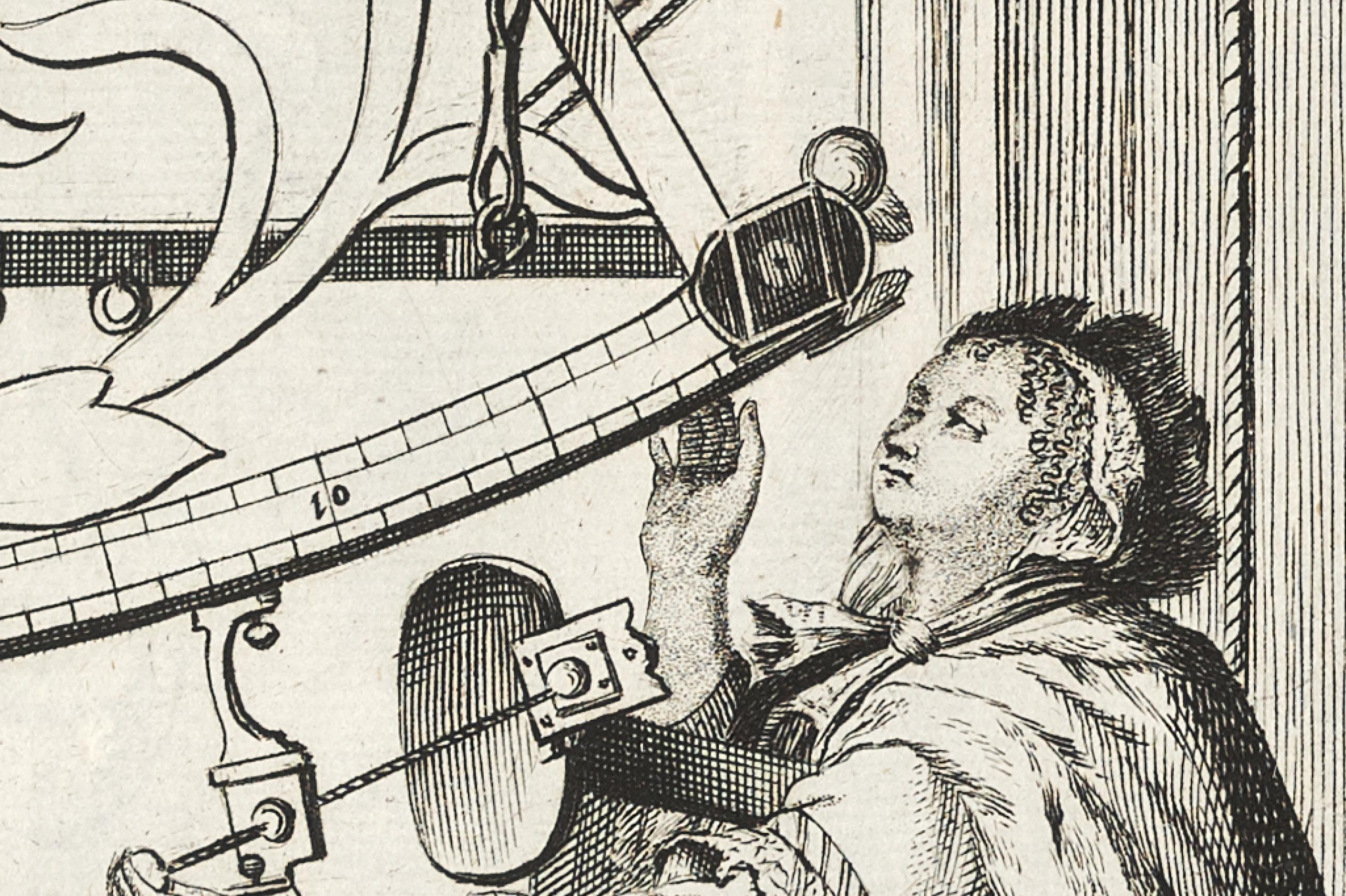 Kupferstich einer Frau in einem Gewand, die schräg nach oben durch ein astronomisches Messgerät schaut.