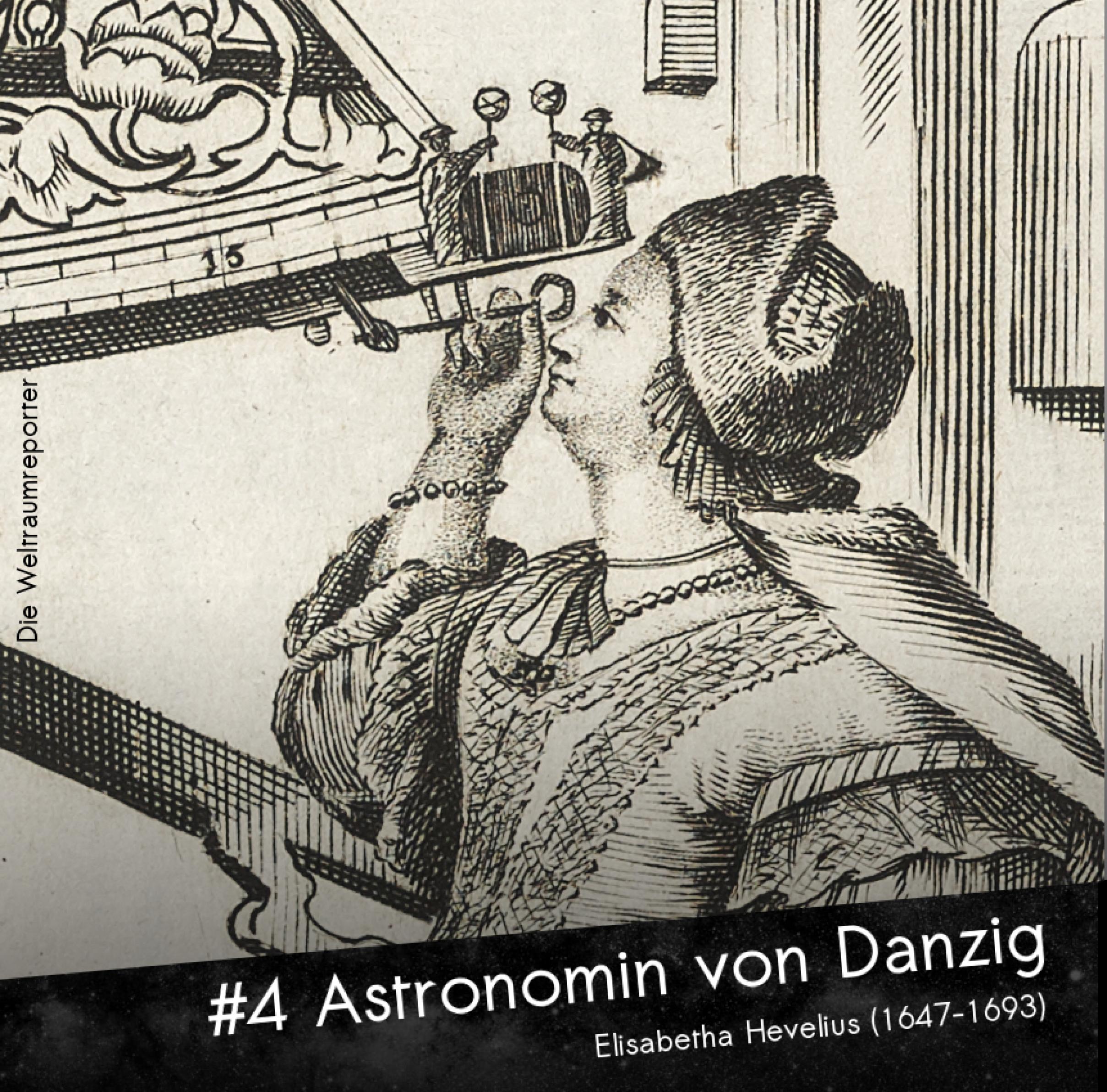 Kupferstich einer Frau, die schräg nach oben in ein astronomisches Messgerät blickt