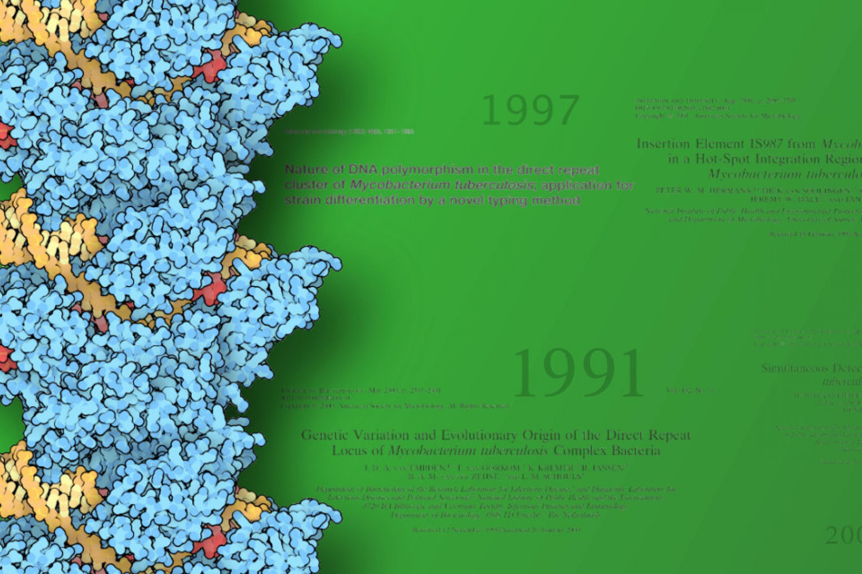 Eine blaue Säule links aus CRISPR/Cas9-Molekülen vro grünem Hintergrund und den Titeln der relevanten Fachartikel für dieses Kapitel.