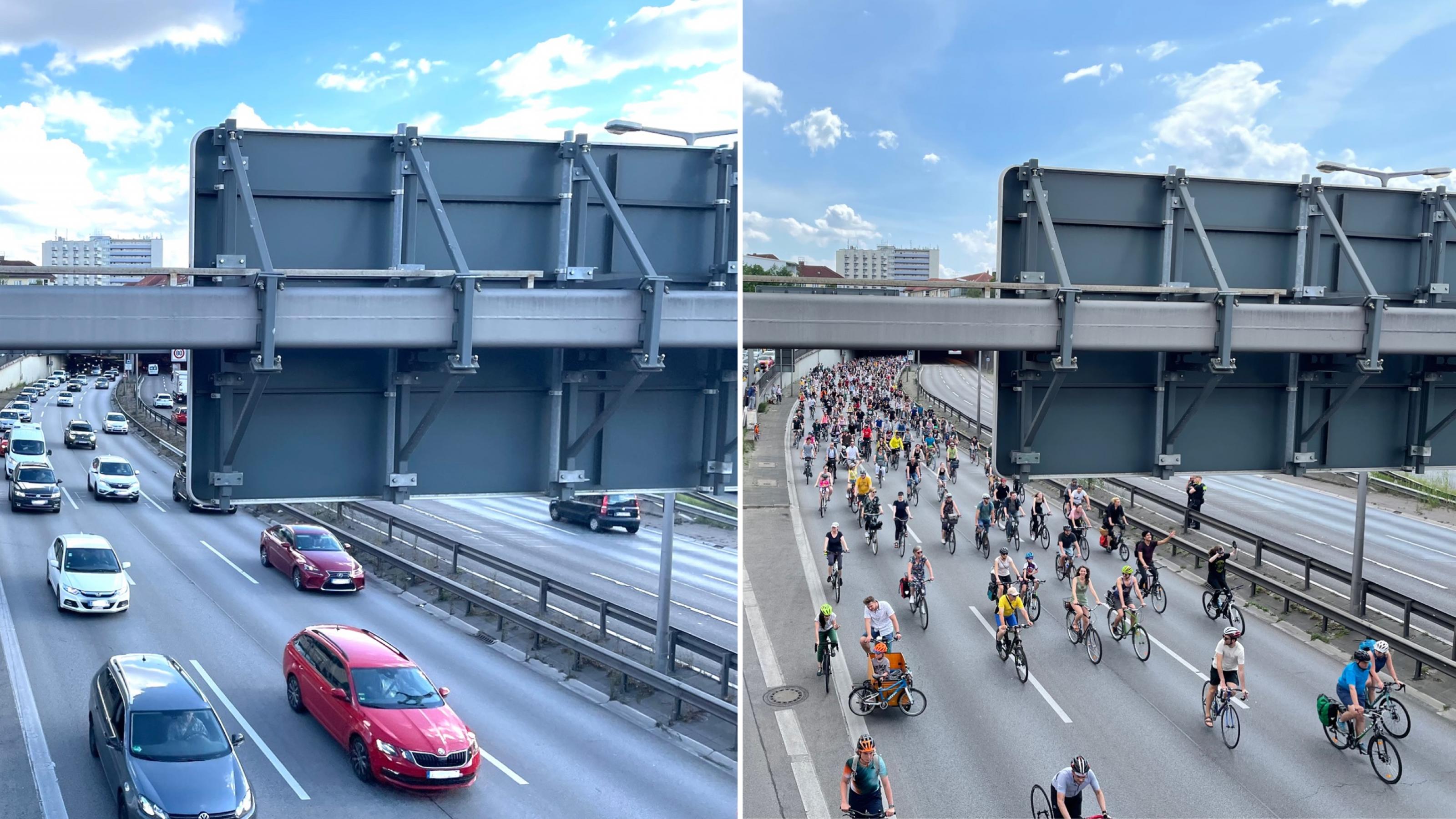 Geteiltes Bild, links Autoverkehr auf der Stadtautobahn, rechts zahlreiche Radfahrer auf demselben Abschnitt.