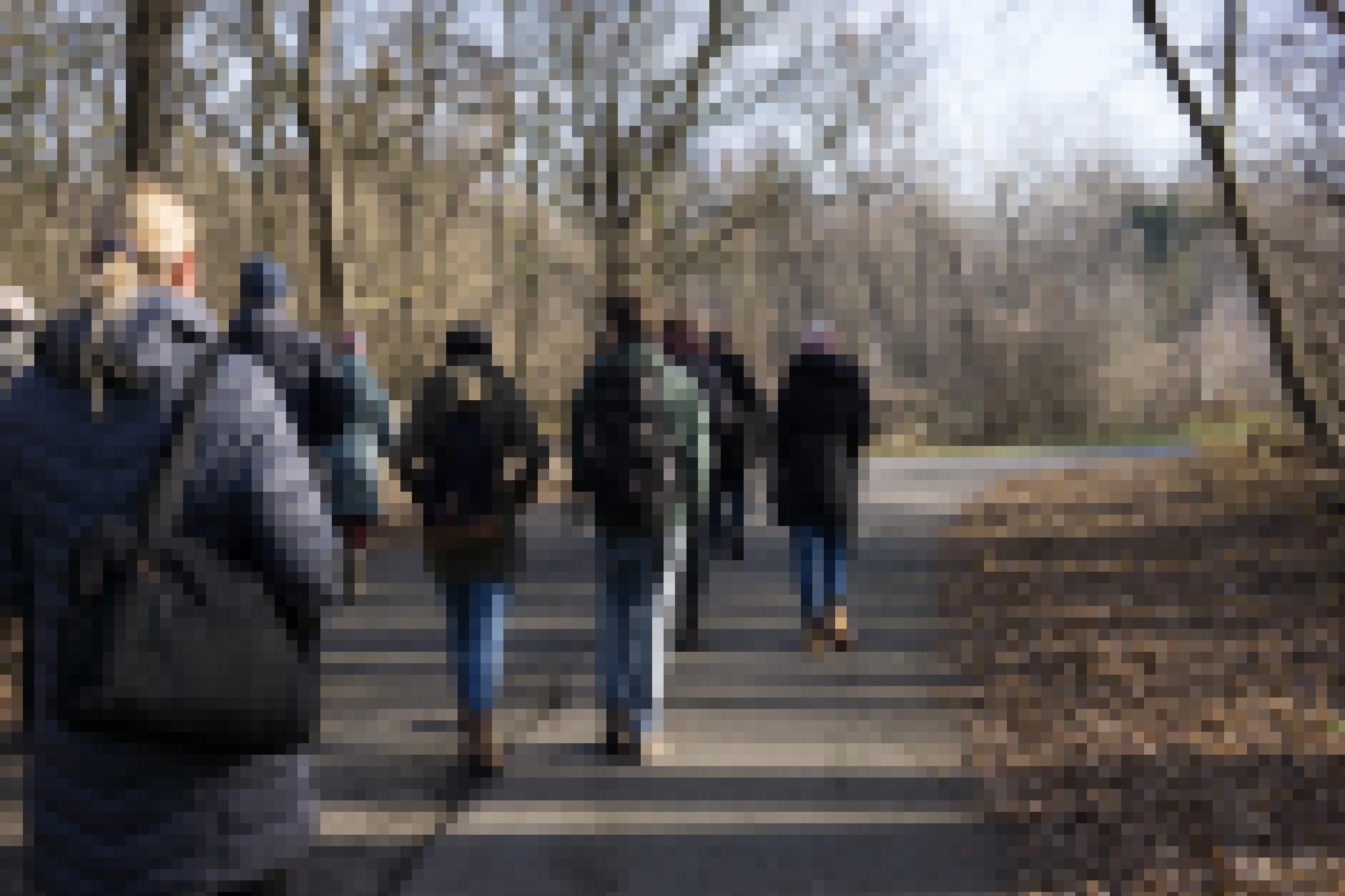 Wanderer gehen auf einer Straße in der Au.