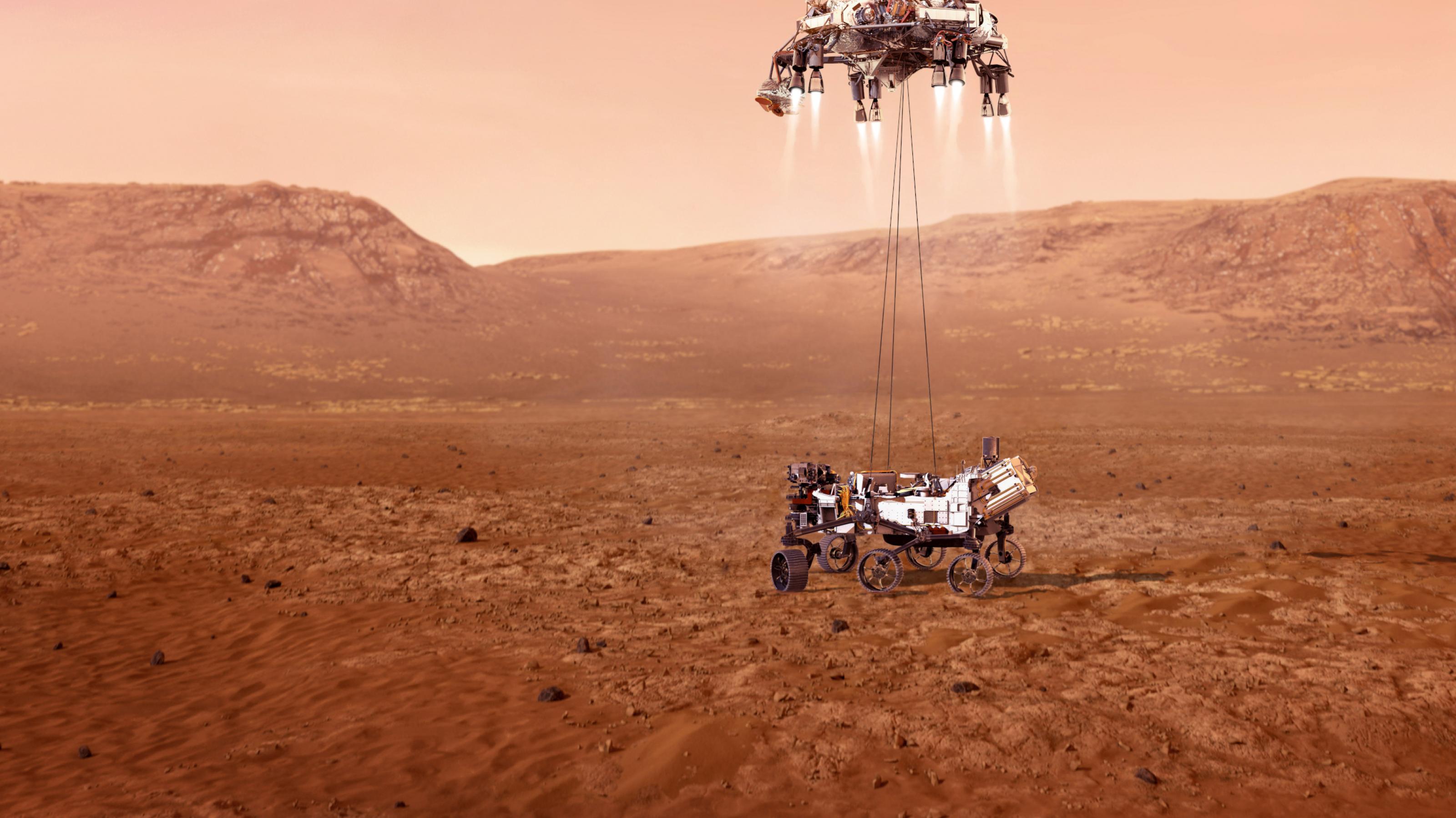 Computergrafik, die den Skycrane mit seinen kleinen Bremsraketen zeigt, der gerade den Rover Perseverance in den roten Marsstaub setzt.