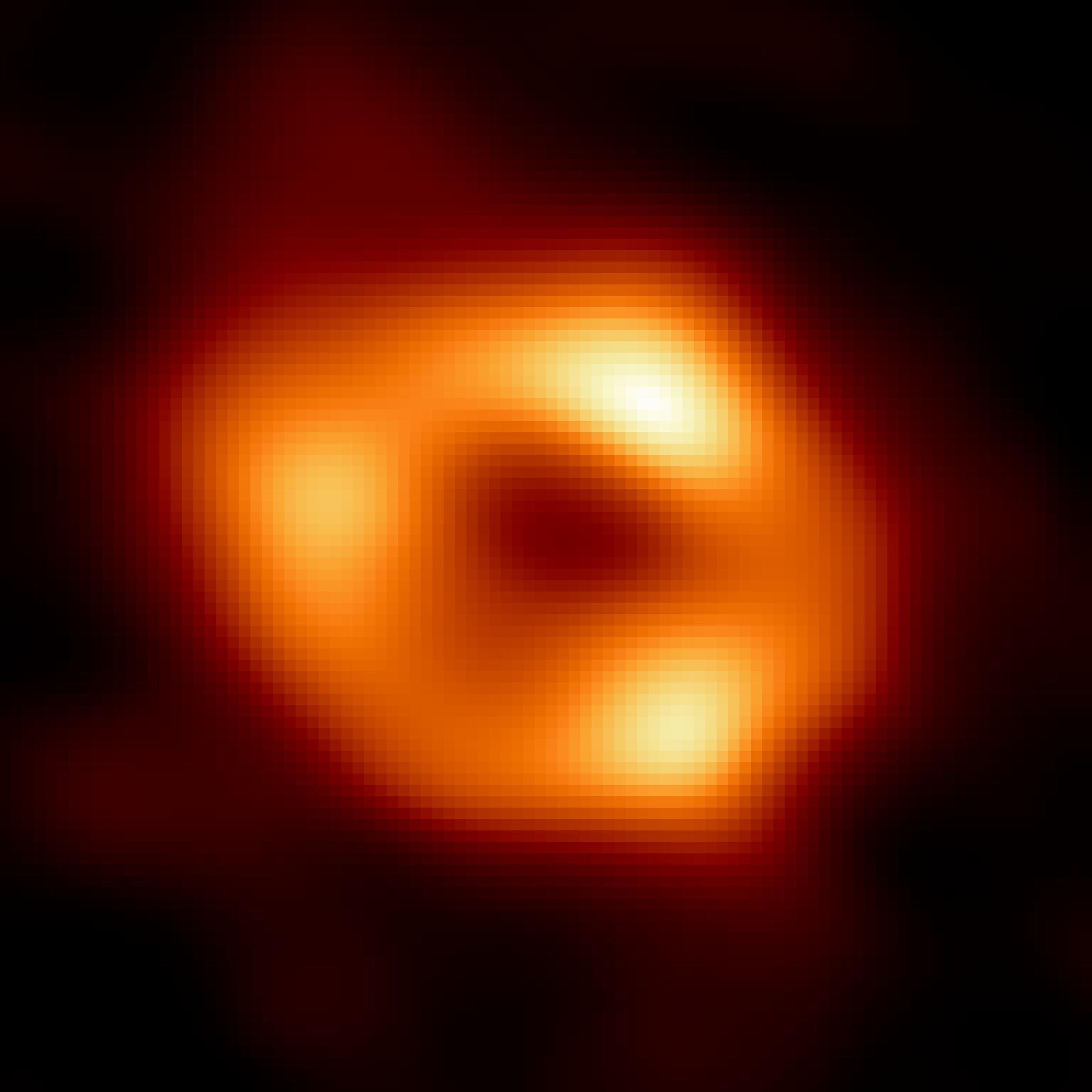 Das Bild zeigt einen orangefarbenen Ring mit asymmetrischen Verdickungen vor schwarzem Hintergrund.