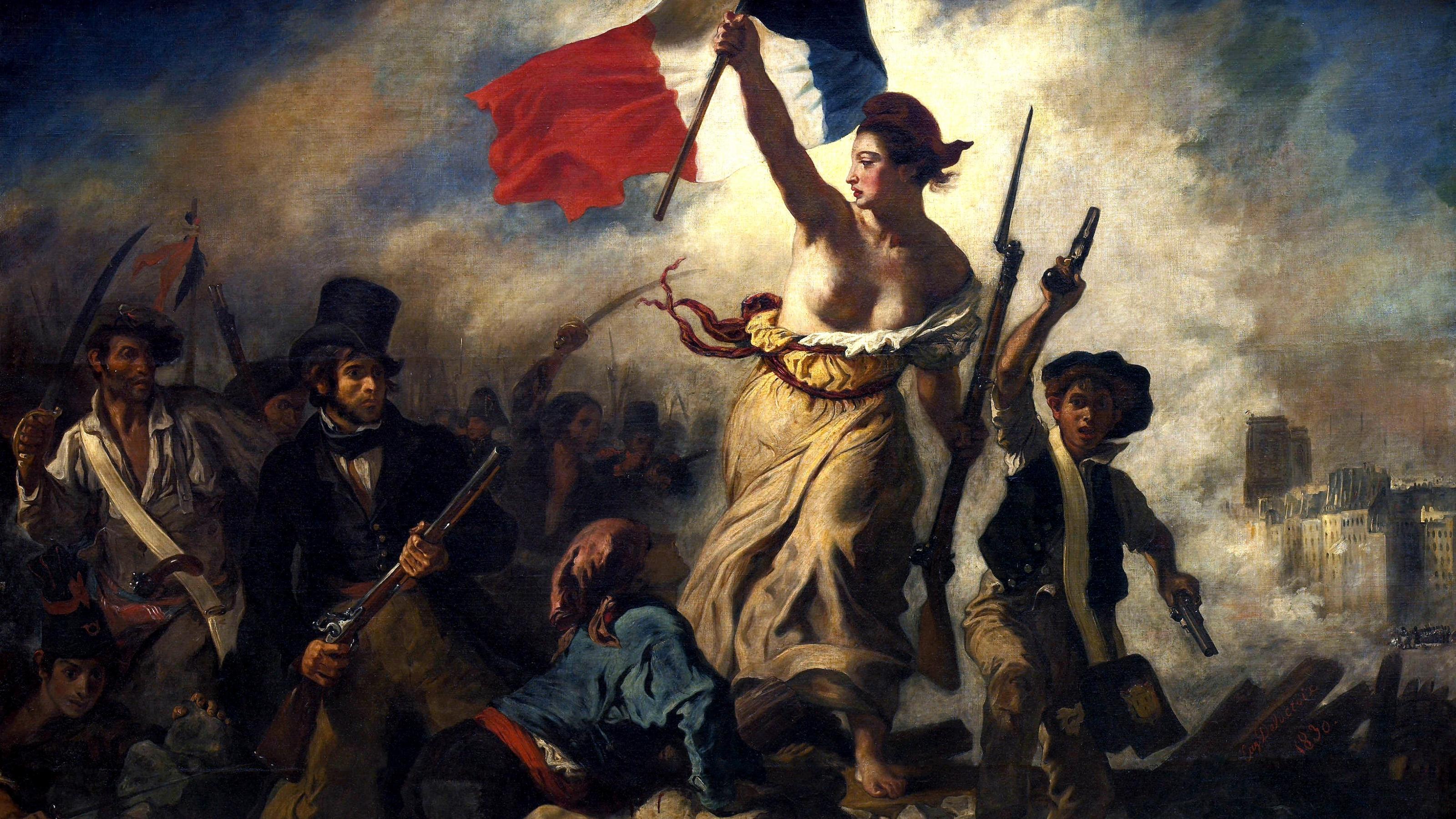 Eine Abbildung des Krieges der Französischen Revolution. Im Vordergrund ist ein eine bewaffnete Frau mit entblößter Brust zu sehen, 