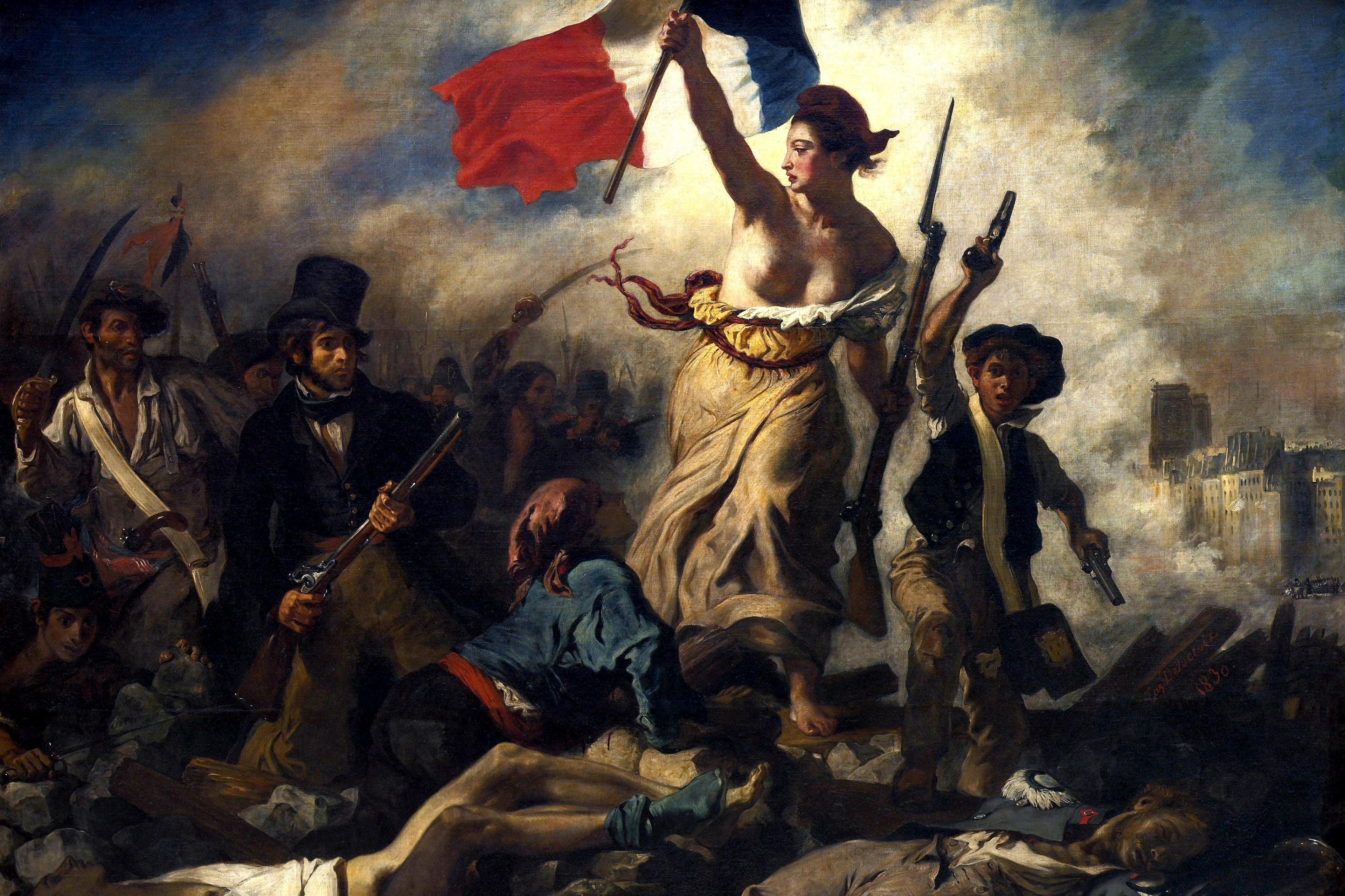 Eine Abbildung des Krieges der Französischen Revolution. Im Vordergrund ist ein eine bewaffnete Frau mit entblößter Brust zu sehen, 