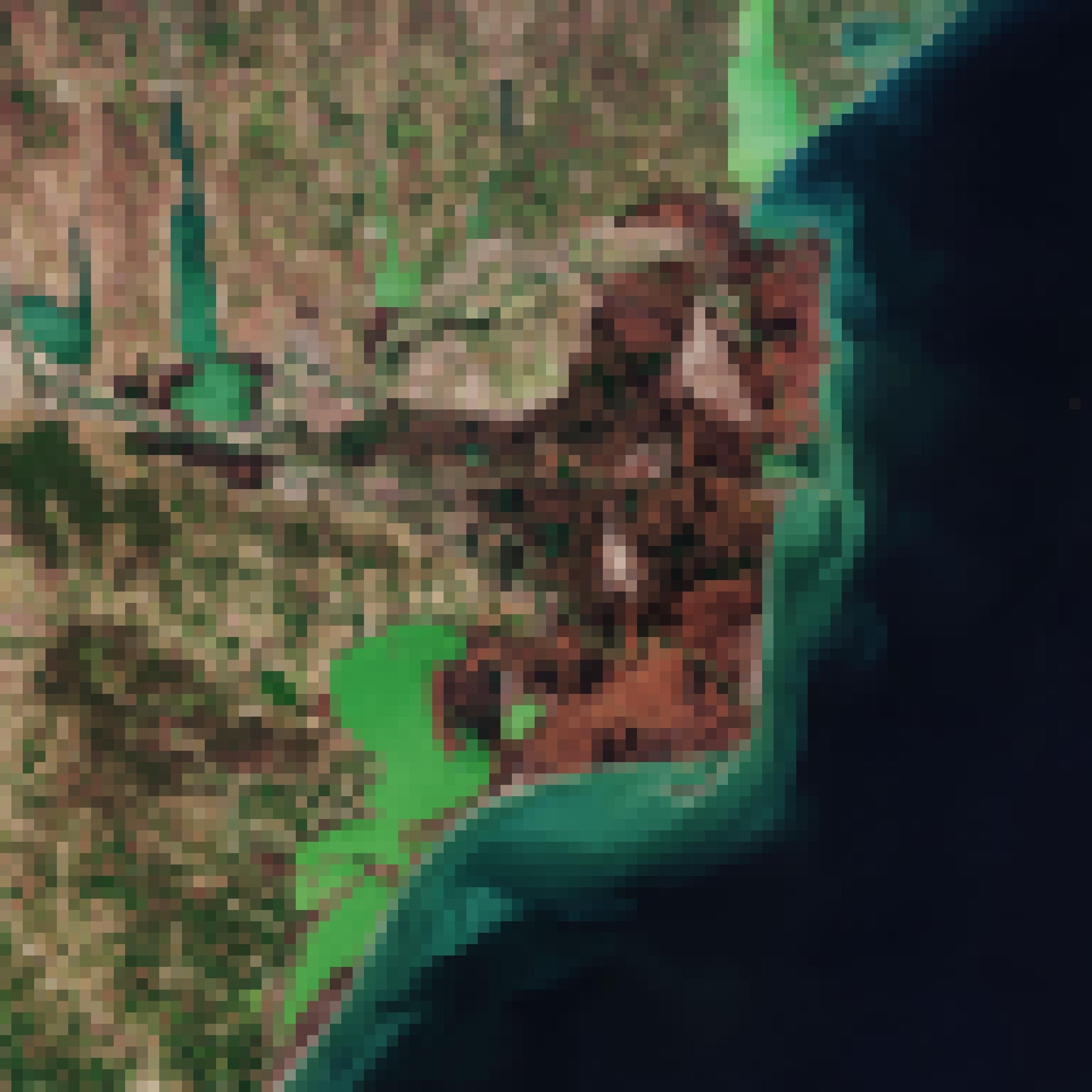 Weltraumaufnahme des Flusses, der sich stark verzweigt. In der Mündung ins Schwarze Meer hat der Boden des Deltas eine ganz andere Farbe als die umliegende Landschaft.