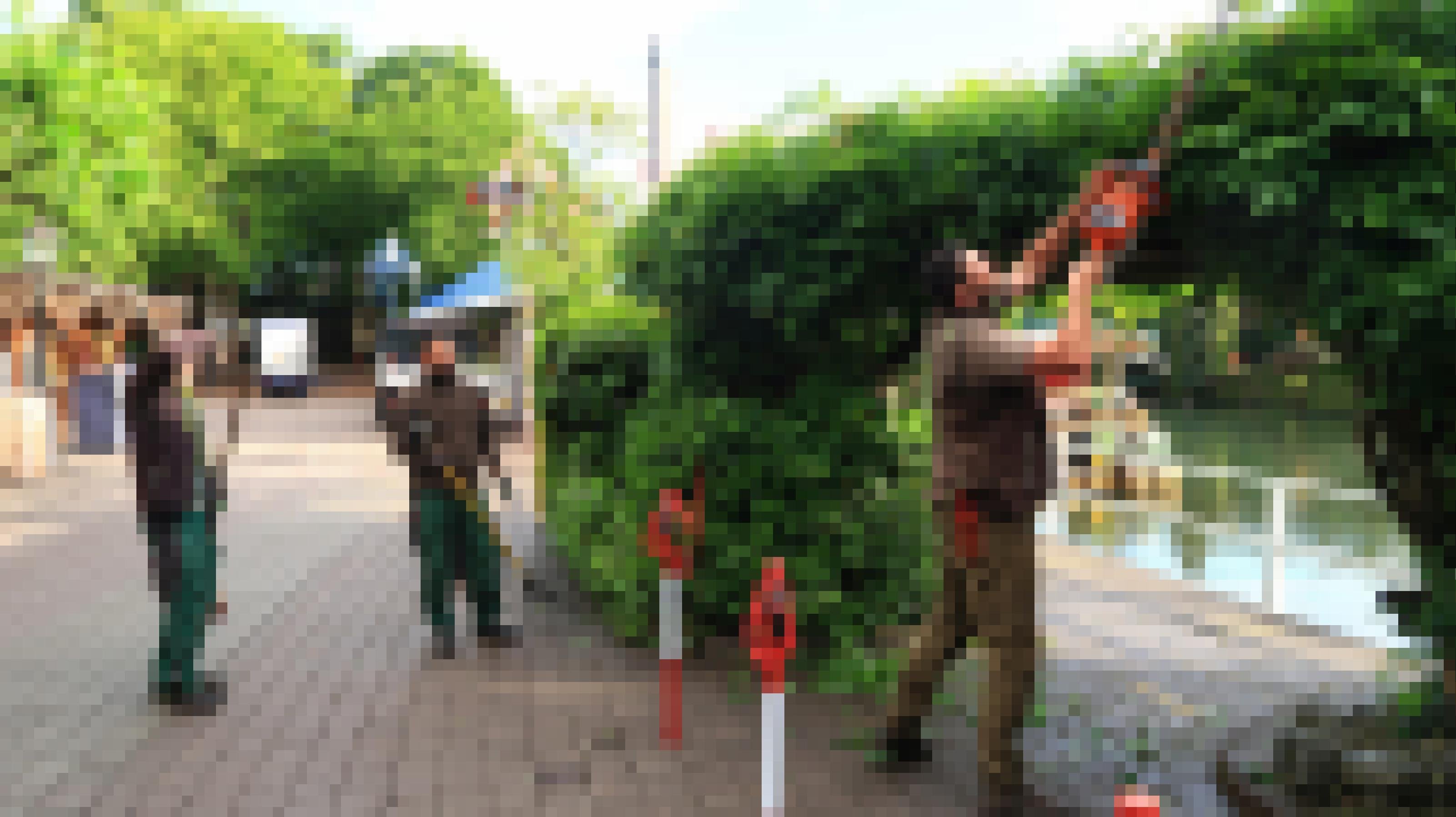 Gärtner verschneidet Hecke im Freizeitpark.