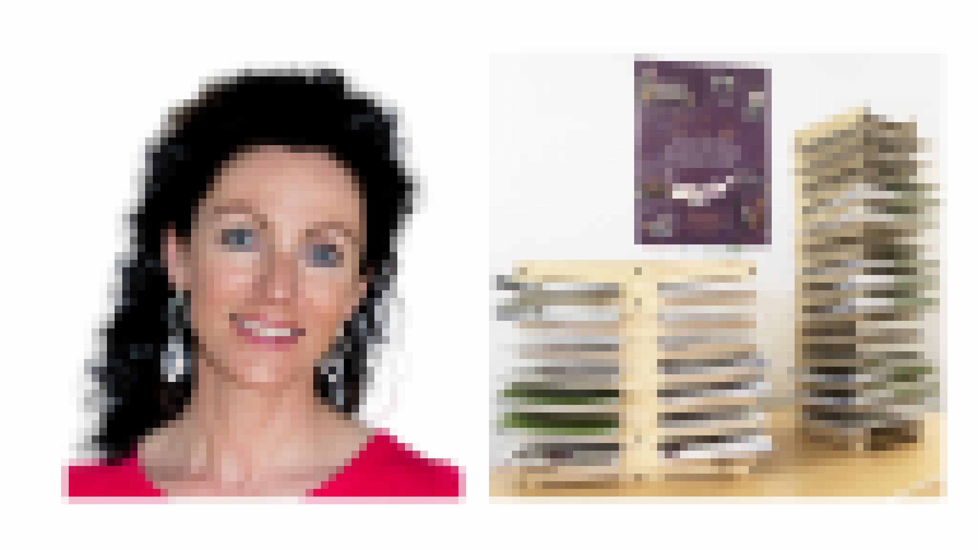 Portraitfoto und Darstellung der Infobox, einer Art Fächersystem, in dem Infoblätter stecken.