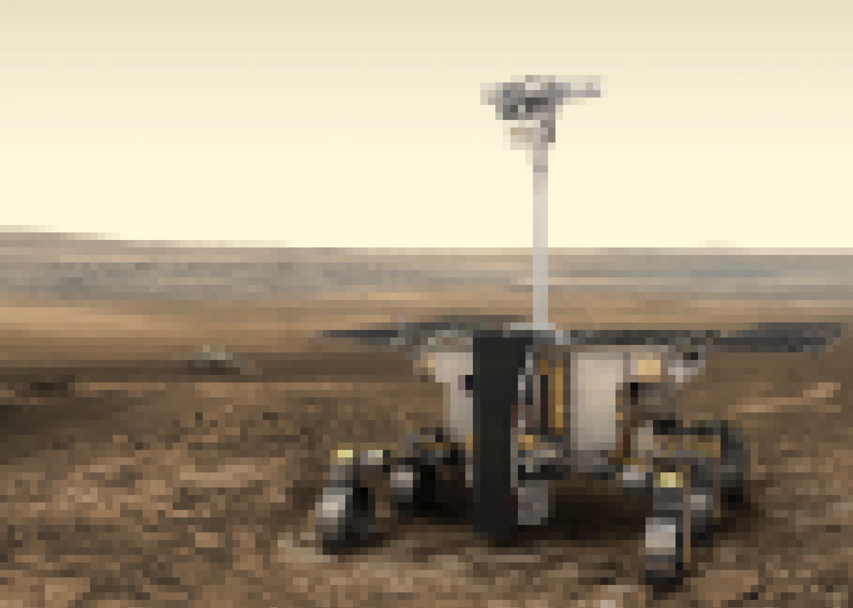 Grafik eines Rovers auf der Marsoberfläche mit einem schlanken Hals, auf der eine Kamera sitzt.