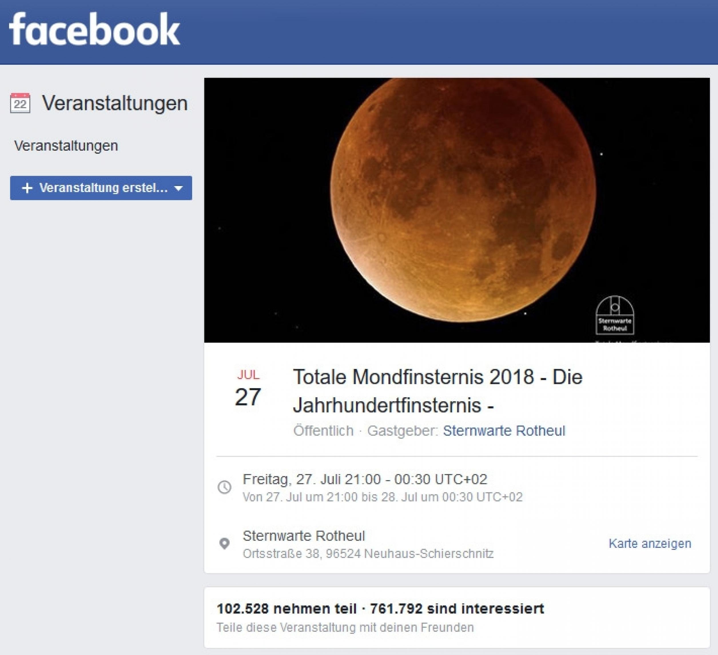 Screenshot der Facebook-Veranstaltung der Sternwarte Rotheul zur totalen Mondfinsternis.