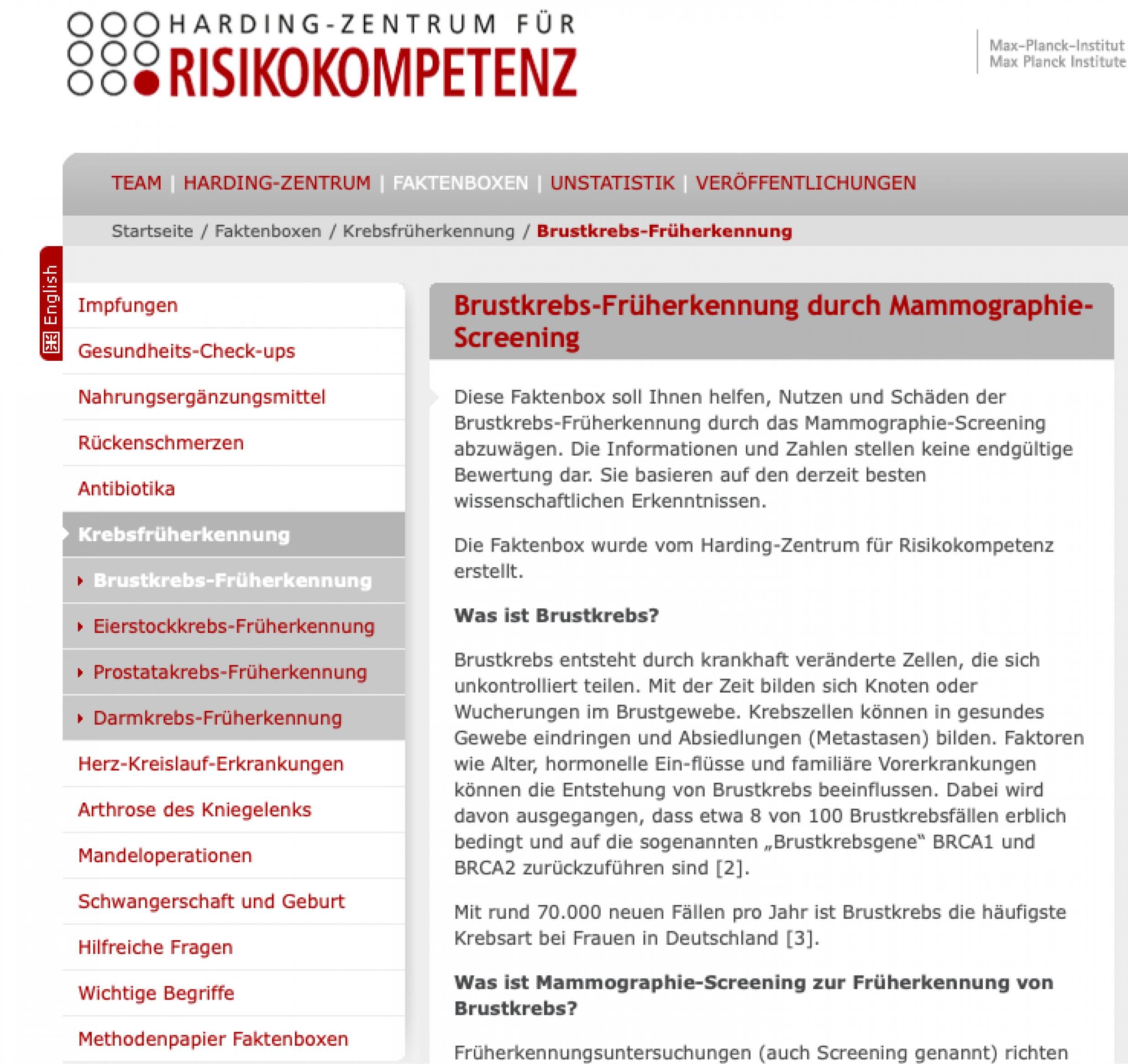 Screenshot der Menüleiste und Seitennavigation mit aufgeklappter Unternavigation zu Krebsfrüherkennung. Zu sehen ist die Sidebar und der Text eines ausgewählten Navigationspunktes