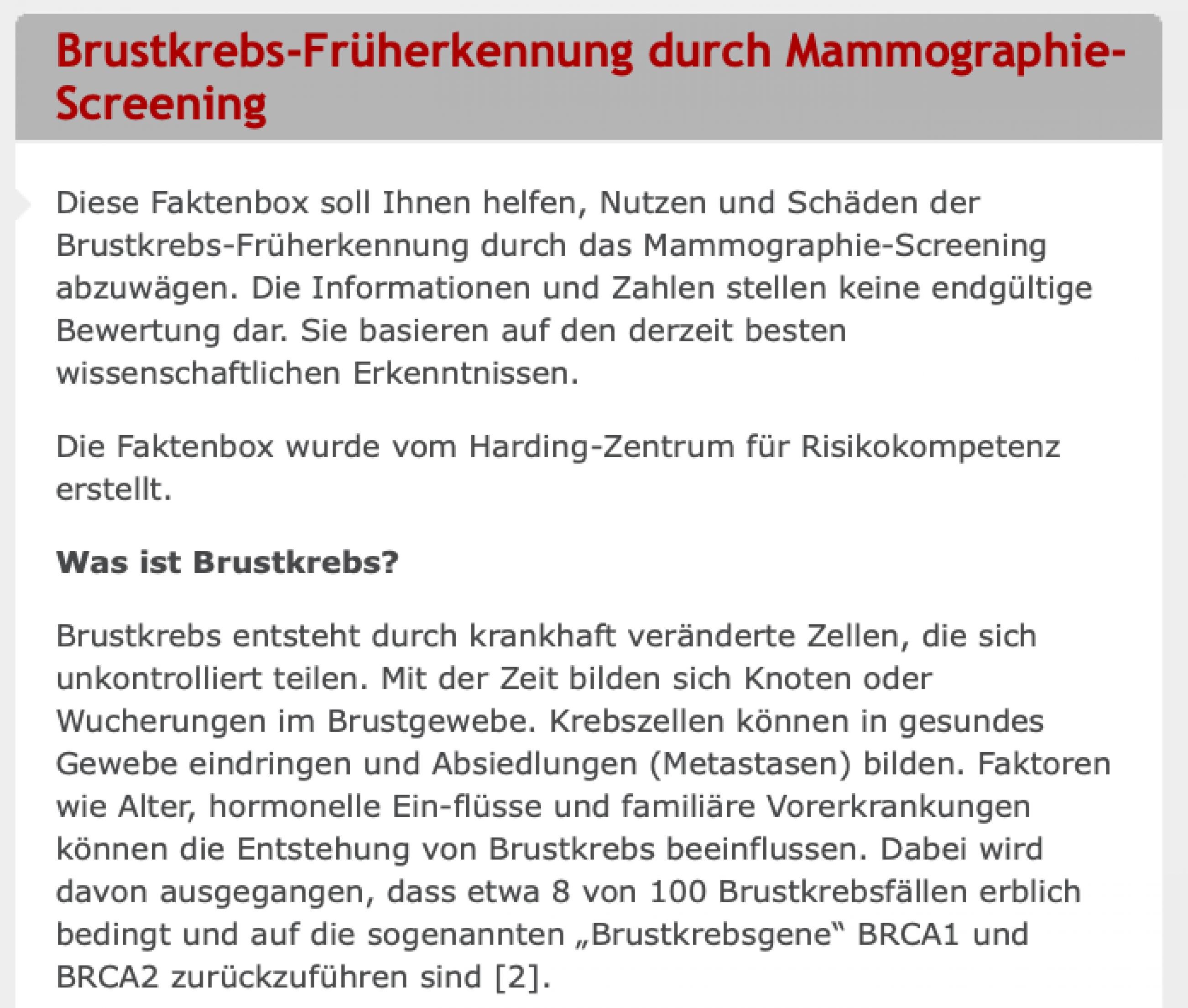 Screenshot des „Umfeldes“ der Faktenboxen: Text und Visualisierungen. Zu sehen sind Texte zum Thema „Brustkrebs“