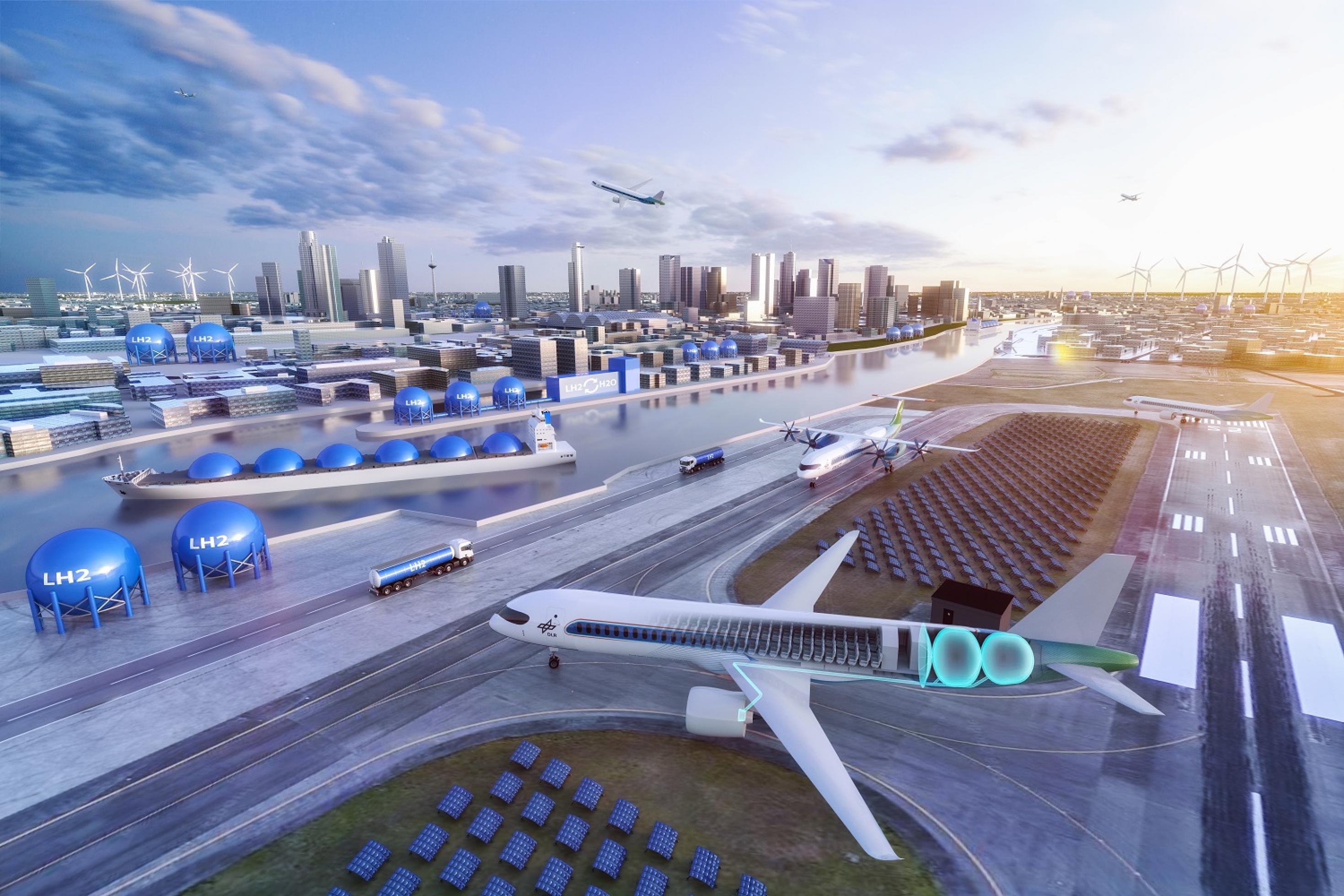 Modell eines künftigen Flughafens mit einem Wasserstoffflugzeug im Vordergrund, erkennbar am kugeligen Treibstofftank im Heck.