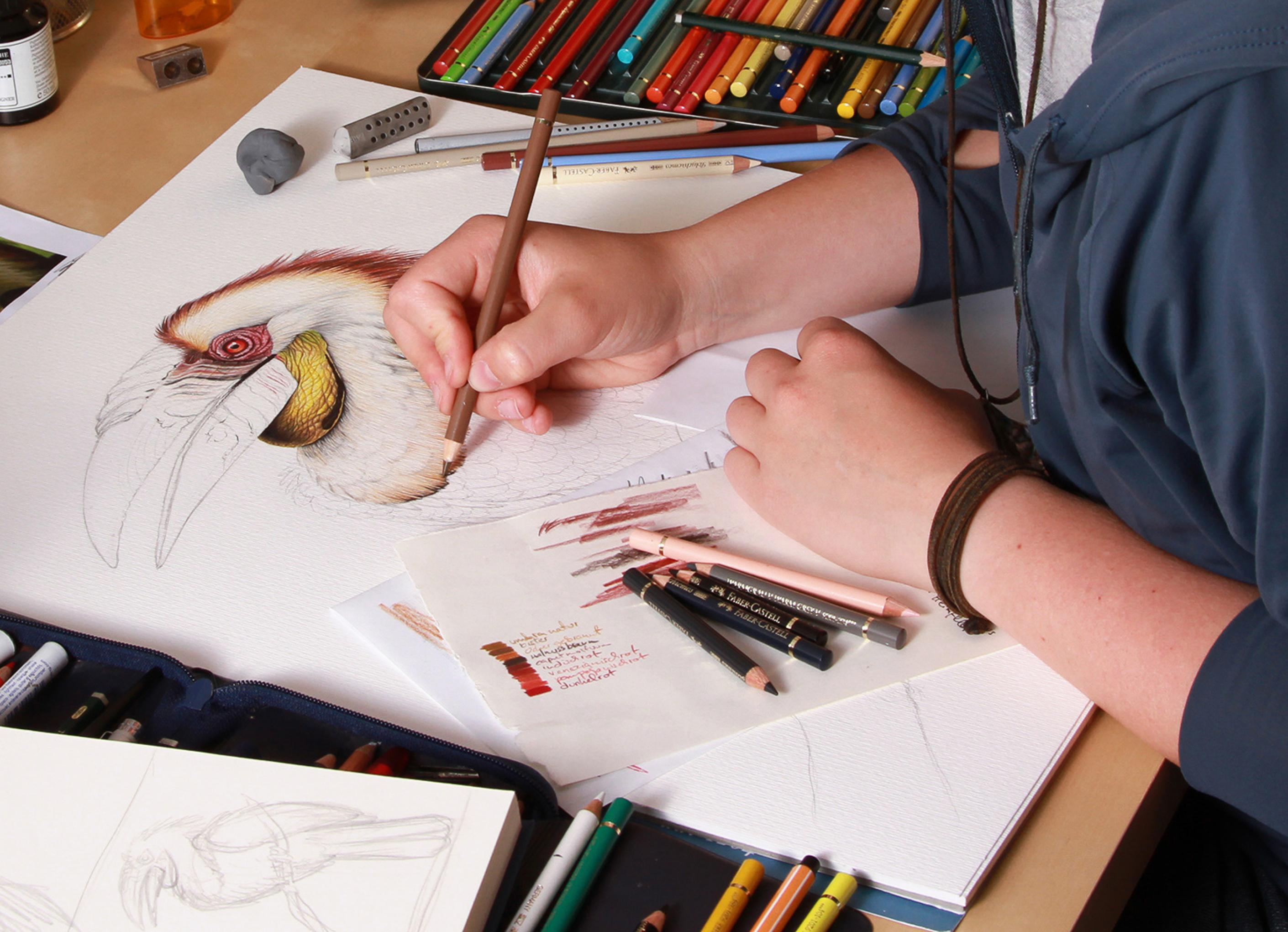 Der Schreibtisch von Lisa Pannek. Buntstifte, Radiergummis, Zeichenpapier und ein Skizzenbuch. Eine Frau malt an einem Bild.