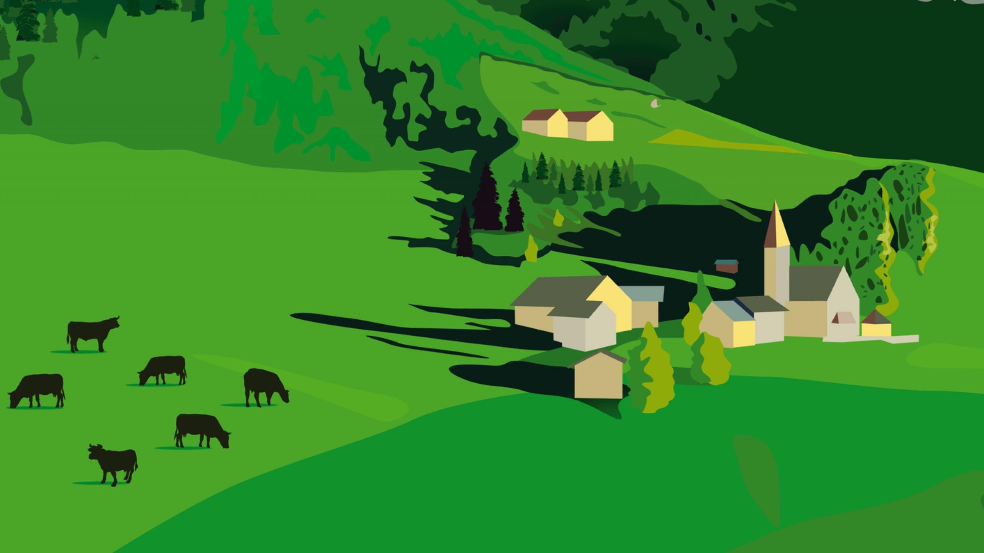 Künstlerische Illustration von Bergen mit einem Dorf und ein paar Tieren.