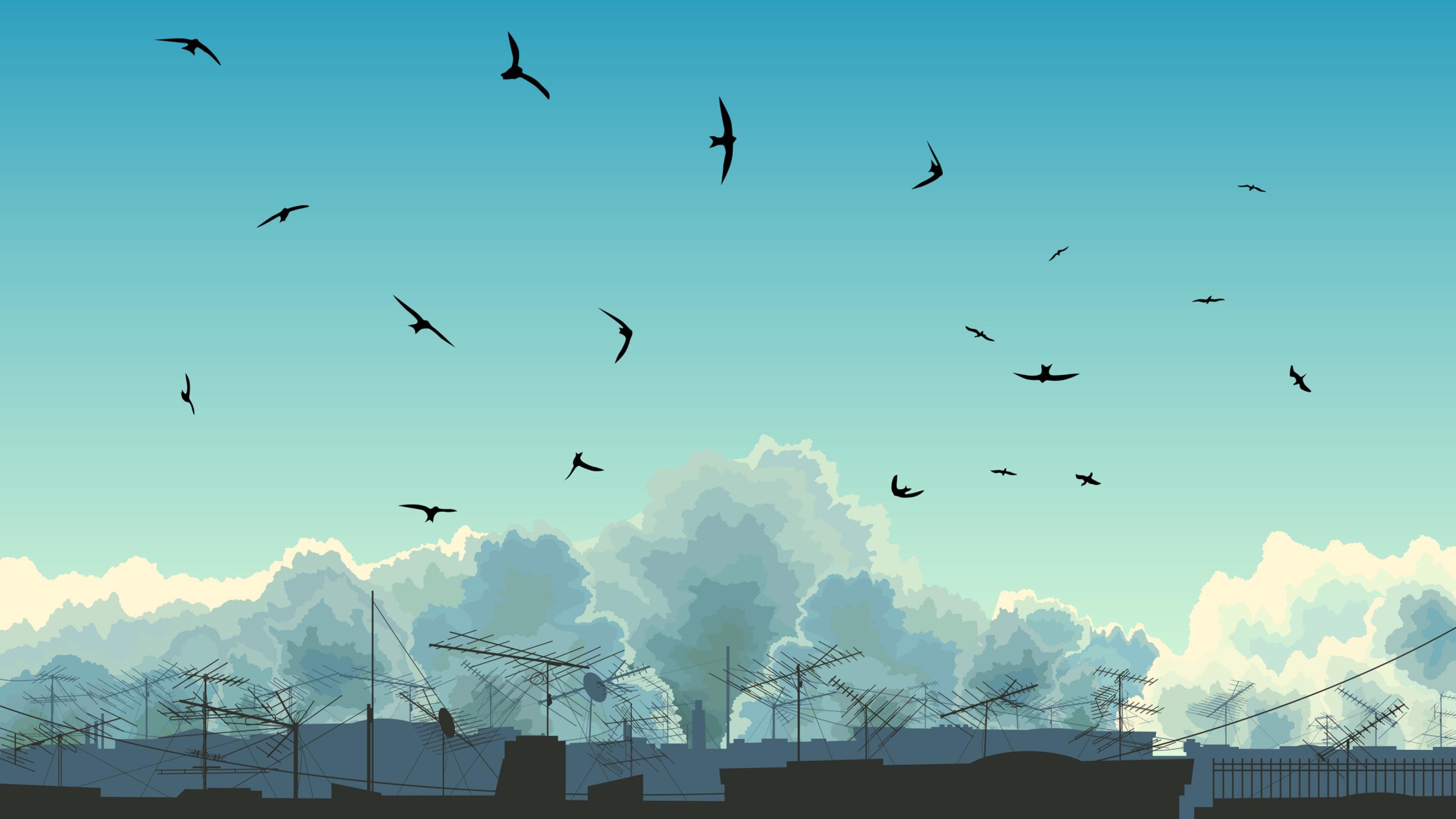Illustration eines Himmel an dem Vögel fliegen. Am unteren Bildrand sieht man die Antennen von Häuserdächern.